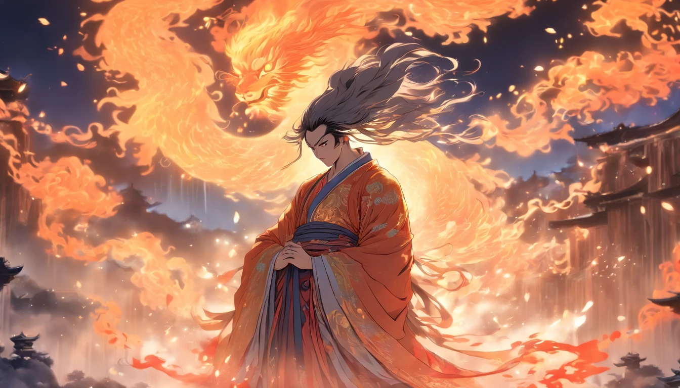 China-style,中景 the scene is,The Taoist priest stood in front of the huge transparent Suzaku,Stretch your hands,Long messy hair,Glow effects,Hyper-realistic,Ultra photo realsisim,Chinese black and white ink style,Silver,Decolorization,Smudge,ink,8K,super-fine,high qulity,OC renderer