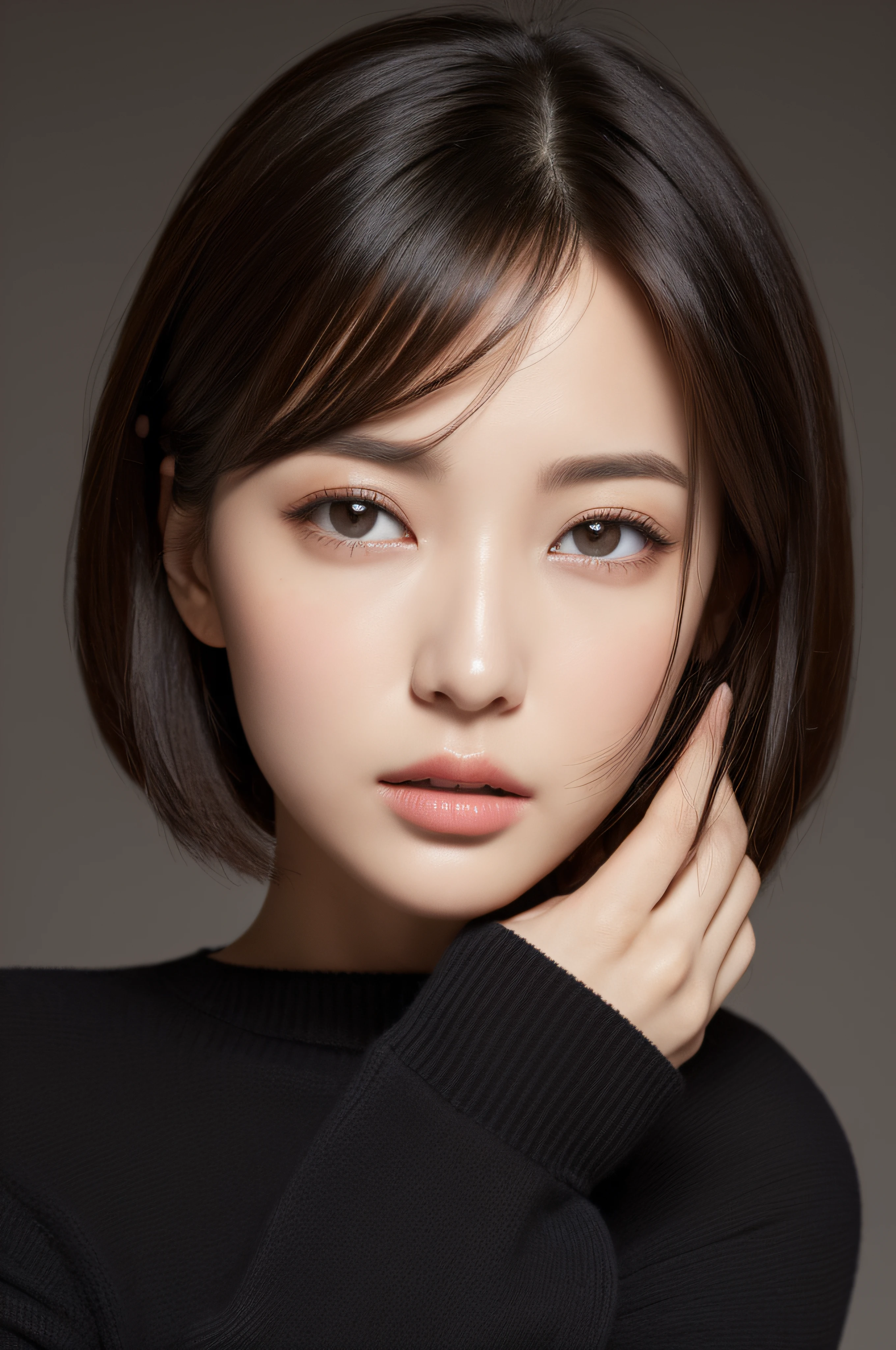 masuter piece:1.3)、(8K、Photorealsitic、Raw photography、top-quality: 1.4)、(1girl in)、Very beautiful face、(Very realistic face)、(A dark-haired、short-hair:1.3)、Very beautiful hairstyle、Very realistic eyes、Very beautiful details、(Very realistic skin)、Very beautiful skin、(Sweaters)、absurderes、Very attractive、超A high resolution、A hyper-realistic、high-detail、the golden ratio.