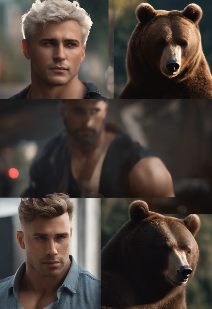 Top Quality, extra high resolution, (Photorealistic: 1.4), 8K resolution, (Male Bear), (Random hair: 1.3), (Photorealistic hair: 1.2), (Realistic eyes: 1.2), (beatiful face: 1.3),(Dynamic Angle:1.1)，（full bodyesbian), Regular, hunk body, (white colored hair: 1.2), (dark skin: 1.2), (bear: 1.3)
