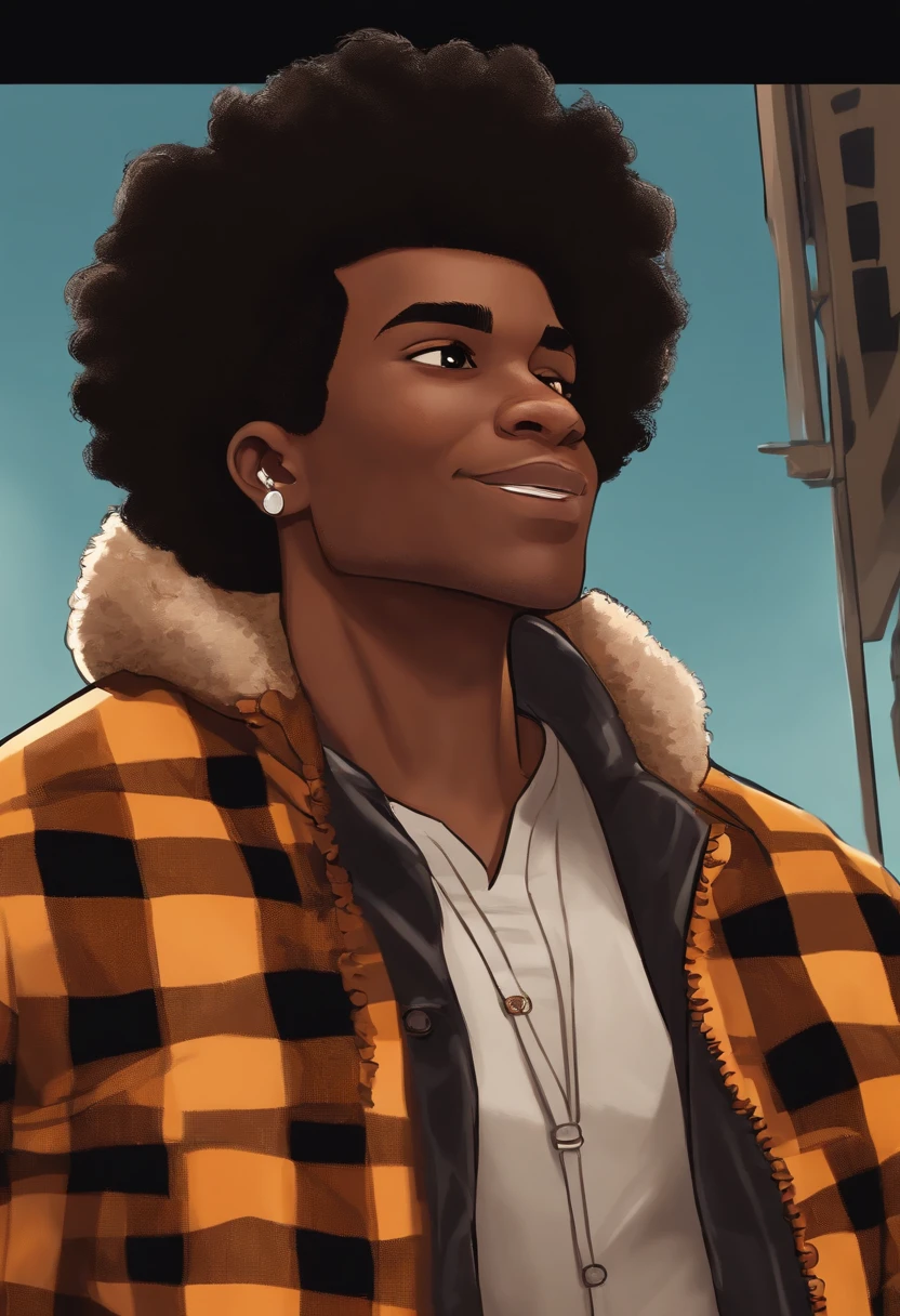 cartoon image of a dark skin male with faded haircut wearing an black shirt and a yellow plaid jacket, character portrait, light orange eyes, curly Afro(black:1.5,), smiling, inspired by Huey from The Boondocks, (black:1.5,dark brown:1.3, orange:1.2), short Afro