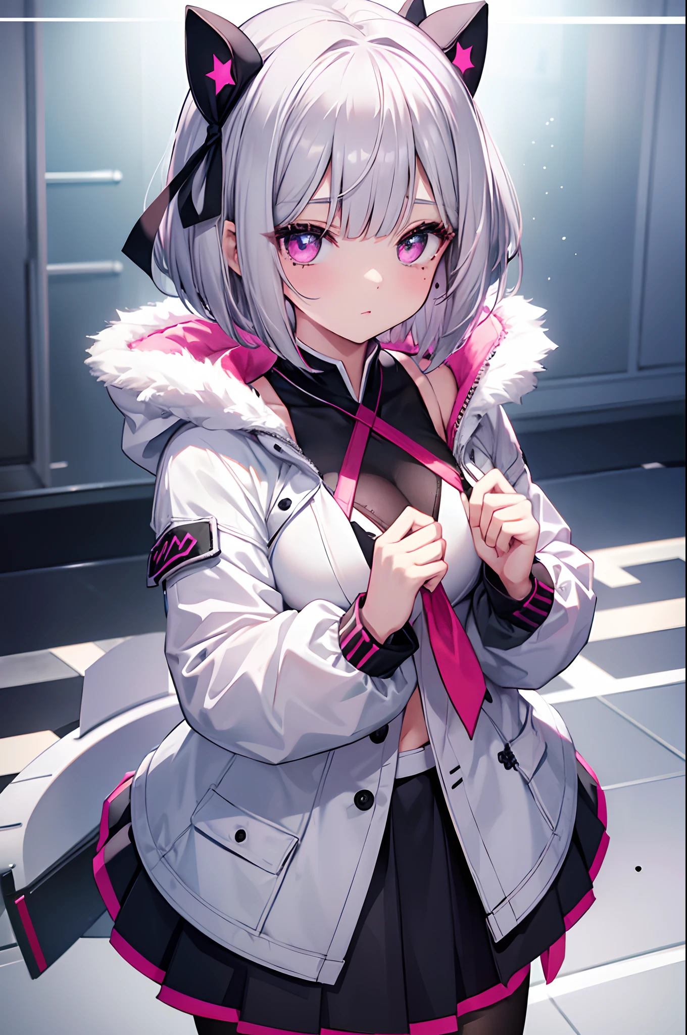 Mole under the eyes、s girl、silver bob cut、pink eye、Black inner、White Outerwear、skirt by the、Shoulder out、look from above、breasts are large、Black Hair Ribbon、Red tights、hiding breast