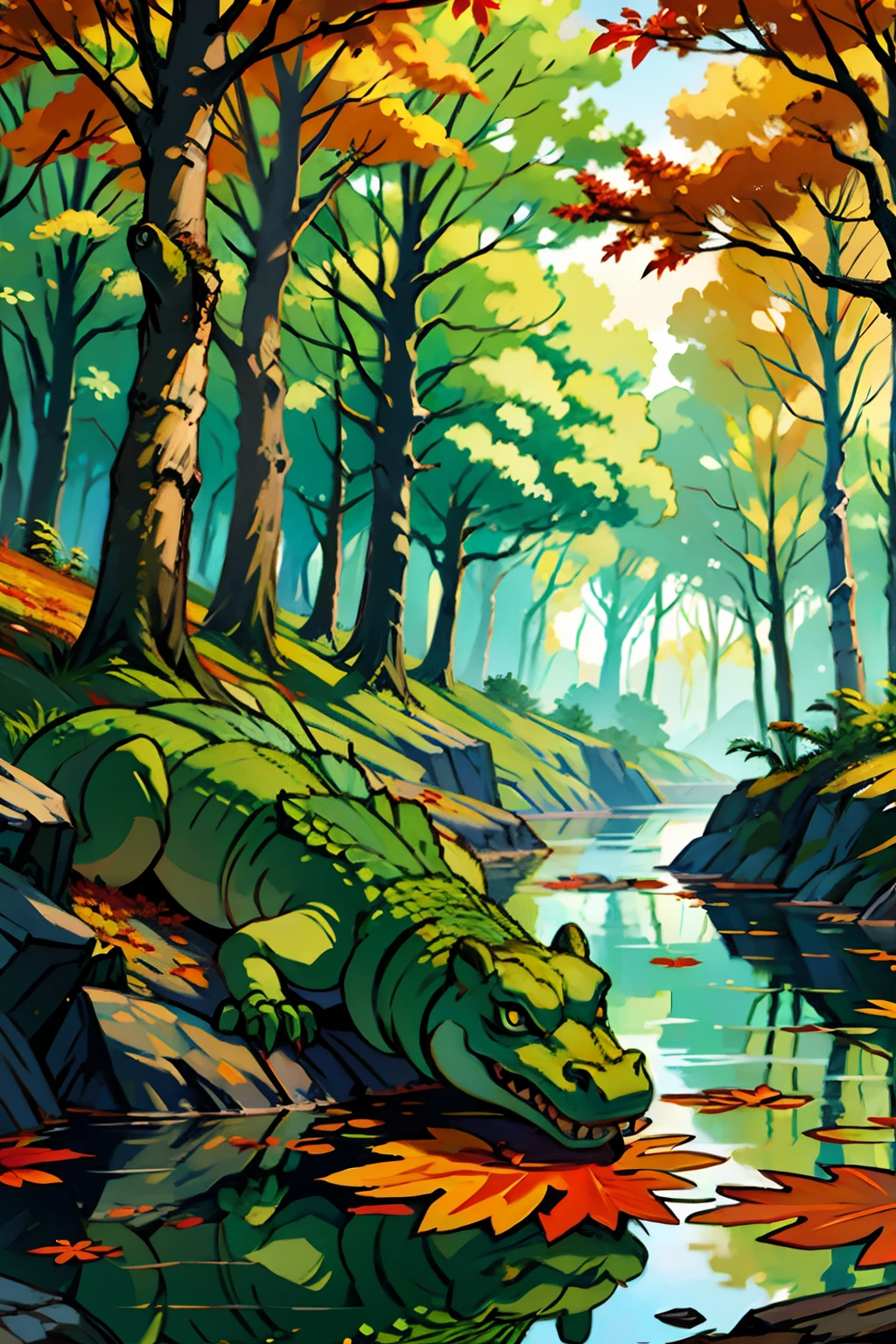A painting of an autumn landscape, green trees and autumn trees, a swamp with an alligator sitting on a rock, afternoon light.