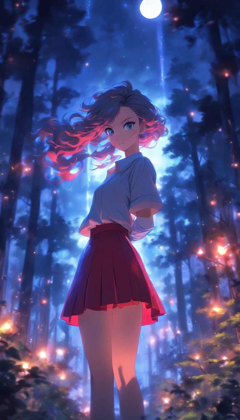 1girll, Solo，White shirt, Red skirt, Socks, dual horsetail，Beautiful outdoor background, night moon, forest，The hair is meticulously depicted，The eyes are meticulously depicted， highly detailed surreal vfx，oc rendered，