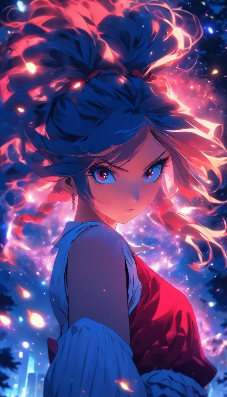 1girll, Solo,White shirt, Red skirt, Socks, dual horsetail,Beautiful outdoor background, night moon, forest,The hair is meticulously depicted,The eyes are meticulously depicted, highly detailed surreal vfx,oc rendered,