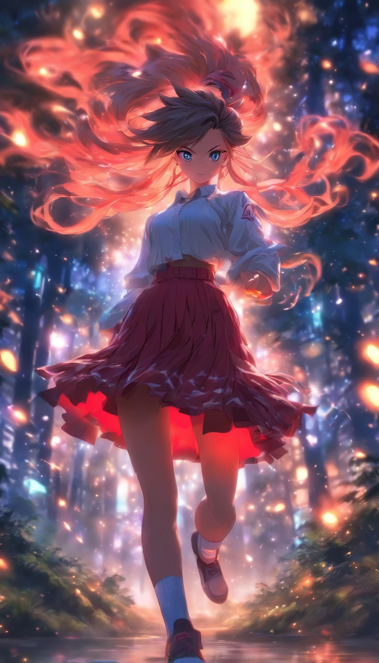 1girll, Solo,White shirt, Red skirt, Socks, dual horsetail,Beautiful outdoor background, night moon, forest,The hair is meticulously depicted,The eyes are meticulously depicted, highly detailed surreal vfx,oc rendered,