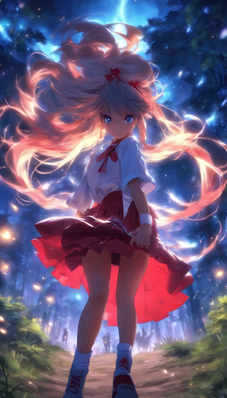 1girll, Solo，White shirt, Red skirt, Socks, dual horsetail，Beautiful outdoor background, night moon, forest，The hair is meticulously depicted，The eyes are meticulously depicted， highly detailed surreal vfx，oc rendered，