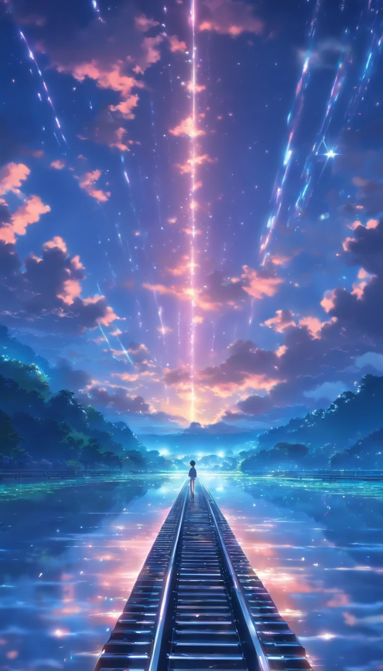 Masterpiece, Anime train passing through bodies of water on tracks, Bright starry sky. Romantic train, Makoto Shinkai's picture, Pisif, concept-art, Lofi art style, Reflection. By Makoto Shinkai, Lofi art, beautiful anime scenes, Anime landscape, Detailed scenery —width 672, in the style of makoto shinkai, Makoto Shinkai's style, Enhanced detail.