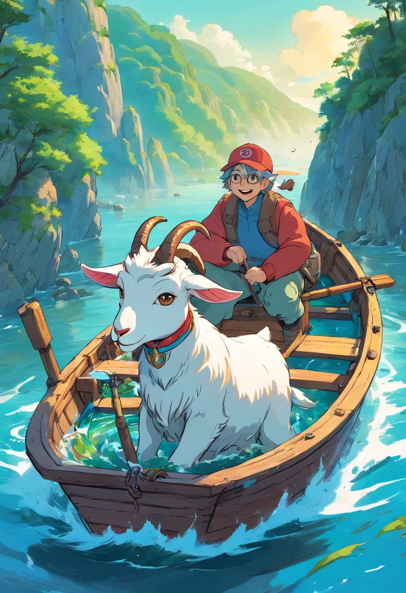 a humanoid goat fishing in a boat having fun, vetorial art, promotional artwork, official artwork, cartoon line art style illustration