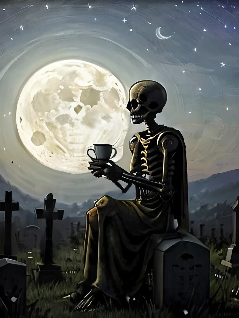 A skeleton sits on a grave in a lonely graveyard surrounded by gravestones. The moon is shining bright in the sky, casting an eerie glow over the scene. The skeleton is holding a steaming cup of coffee in its hand and appears to be lost in thought as he looks at the moon in the sky