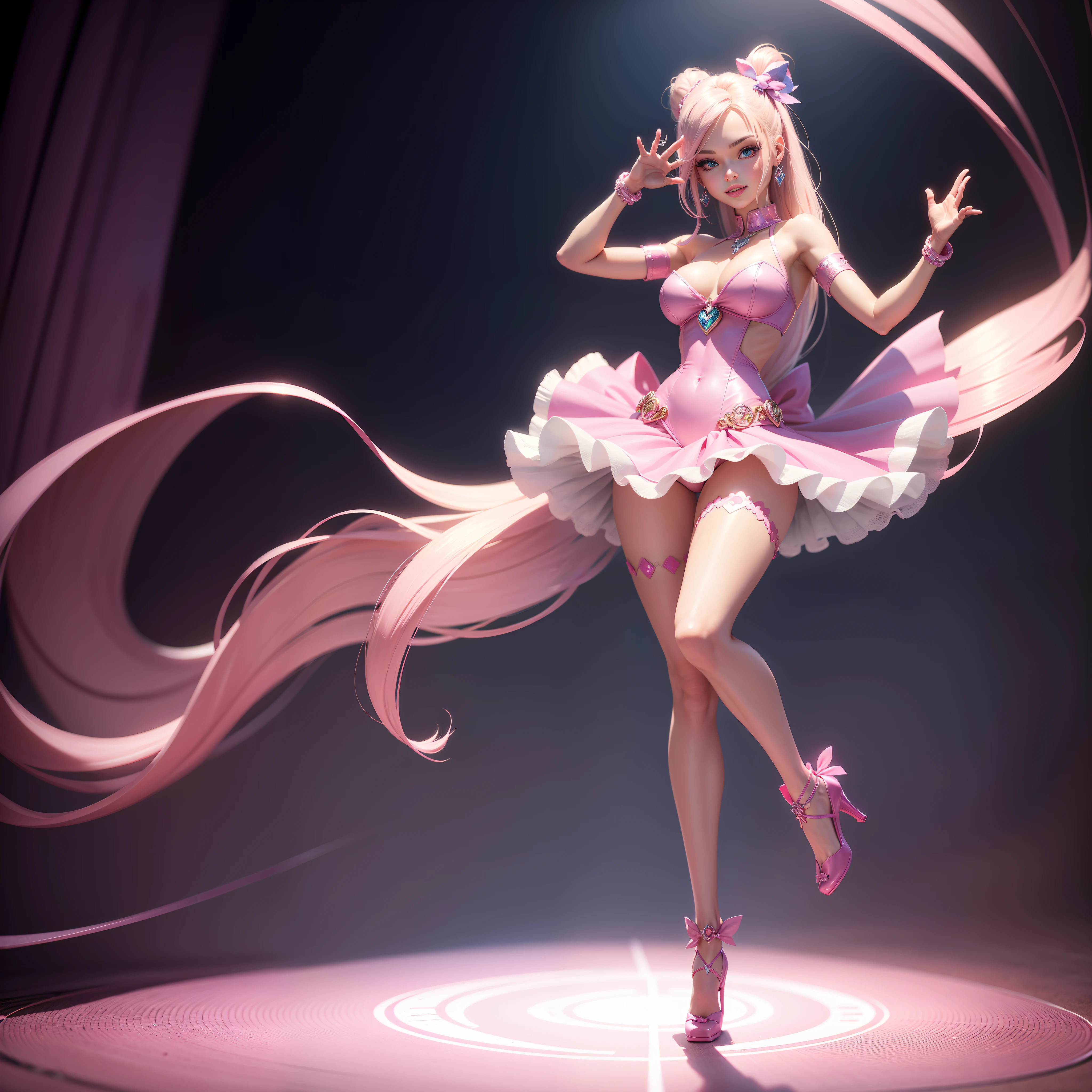 Barbie, ((Full body)), Blue eyes, Smiling face, Hair loss swaying in the wind, Hip Hop Singer Pose, Dressed in hip-hop style, Wearing a pink costume that reflects light,swarovski,pasties,With a pink bow on the arm, Fashion, Extremely high quality, high details, 8K, clean back ground, in studio, ((Full body shot)),Align your fingers neatly,Accurate Hand Modeling,wave her hand,