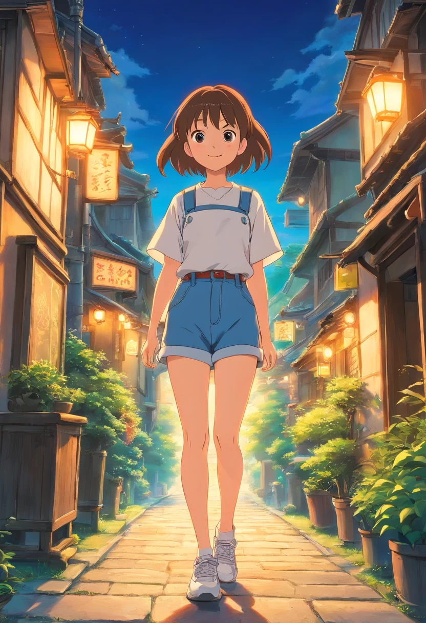 A girl in shorts and a white shirt walking down a street - SeaArt AI