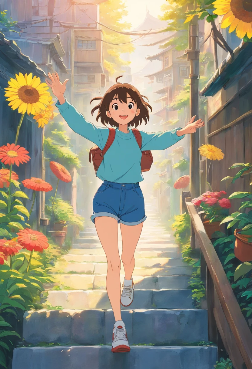 Real Photographics,Hyper-realistic,Ultra photo realsisim,super-fine,Genki girl,adolable,Close your eyes,ssmile,long whitr hair,Qi bangs,denim pant,athletic sneakers,rays of sunshine