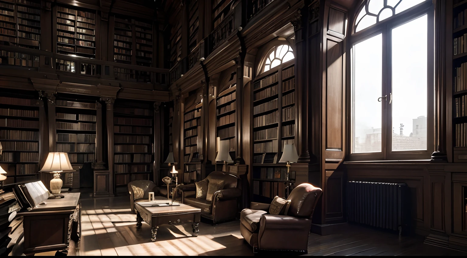 Image of an old library, with dusty books, cinematic, ultra realistic, intricate, 8k, 4k