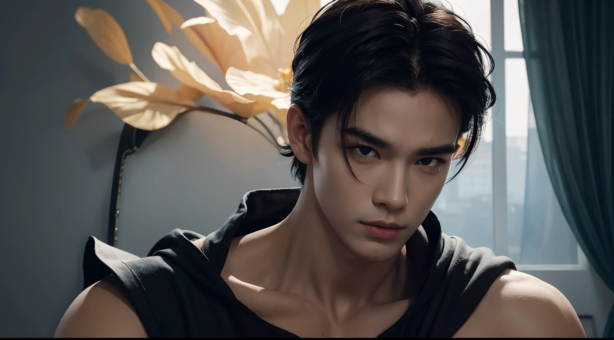 "(Upper body portrait 1.2) 20 year old Gohan is a true masterpiece with masculine beauty, perfect anatomy. When looking into his beautiful eyes, with charming, attractive eyes, his gaze is directed towards towards the viewer, you can clearly see every little detail and every detail. Perfect lines, every little detail on the skin with 8K quality, people are attracted by the confidence radiating from every look , his head has silky hair and his face is drawn in great detail in 8K image quality, the battle in the background, which further increases his confidence.”