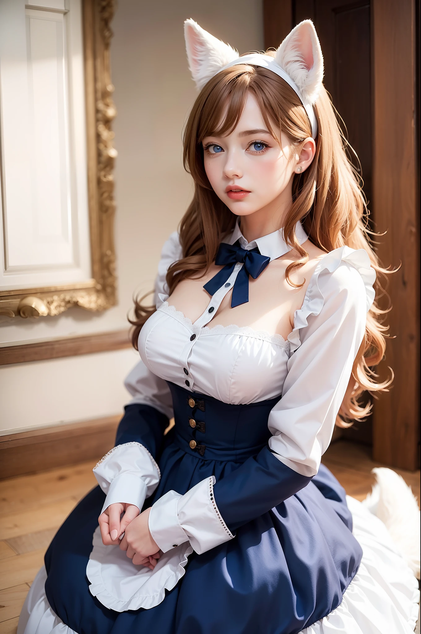 Woman with ,golden curly hair,Blue eyes,white fox ears,,dressed as a maid
