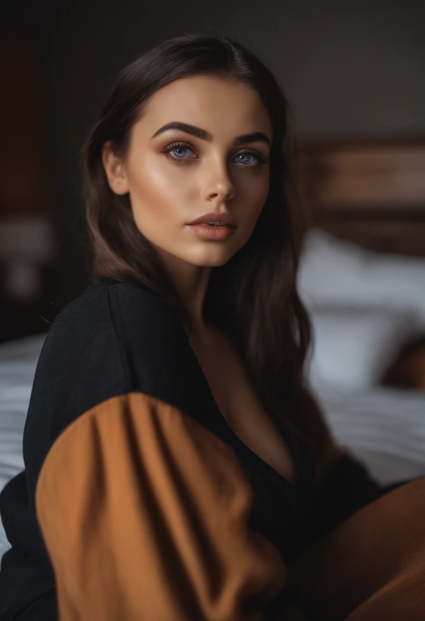 arafed woman with black clothes, sexy girl with brown eyes, portrait sophie mudd, brown hair and large eyes, selfie of a young woman, bedroom eyes, violet myers, without makeup, natural makeup, looking directly at the camera, face with artgram, subtle makeup, stunning full body shot, in bedroom, cleavage