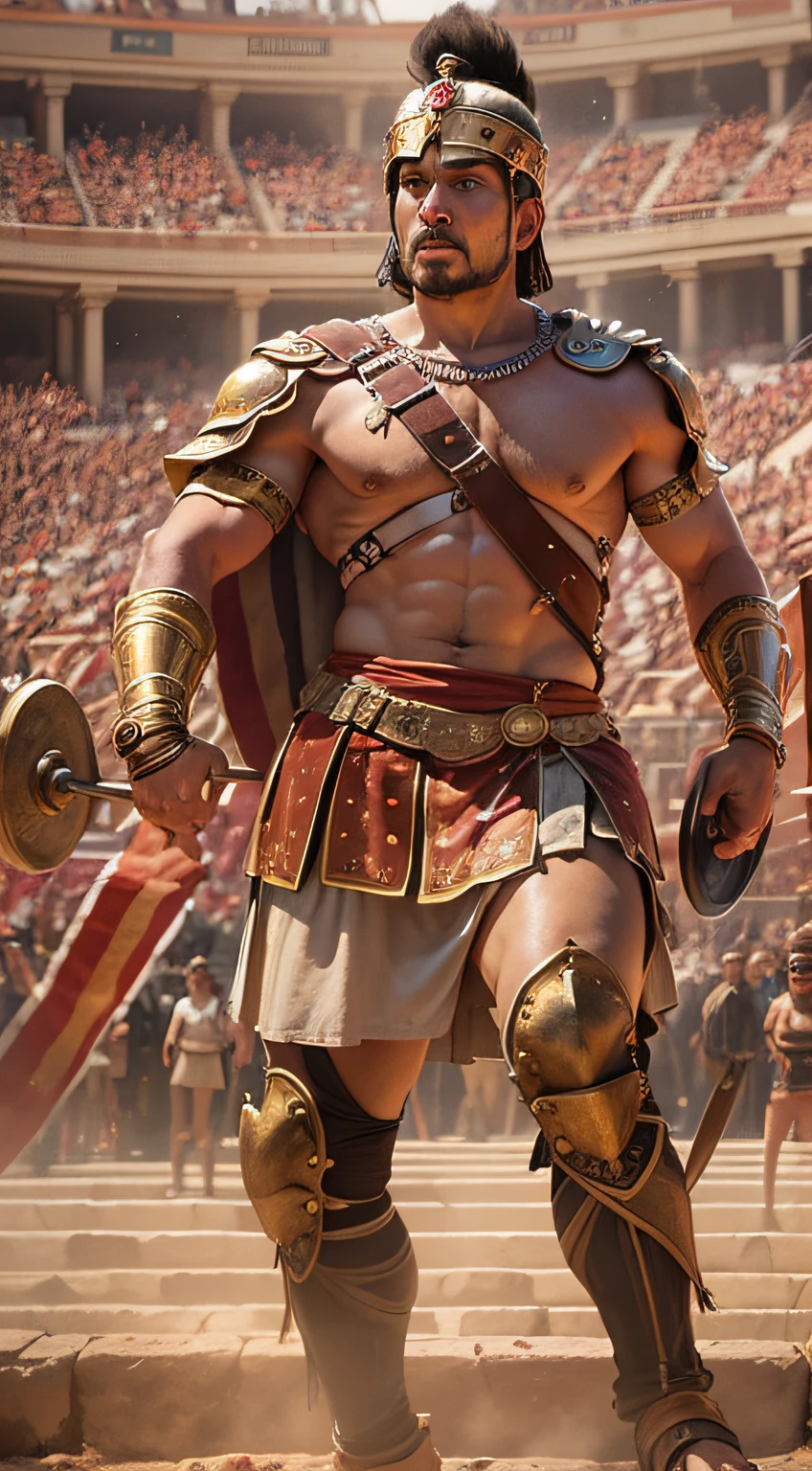 (highlighting from the waist up) "Generate a realistic image that depicts a scene from an ancient Roman gladiator show. In the scene, two gladiators are in a Roman amphitheater, dressed in armor and armed with their characteristic weapons. They are in the heat of a fierce battle, fighting to the death to entertain the crowd in the stands. Make sure to capture the intensity of the fight, the presence of the crowd in the stands, and the historic atmosphere of the Roman gladiator show. Highlight the distinctive costumes and weapons of the era.
