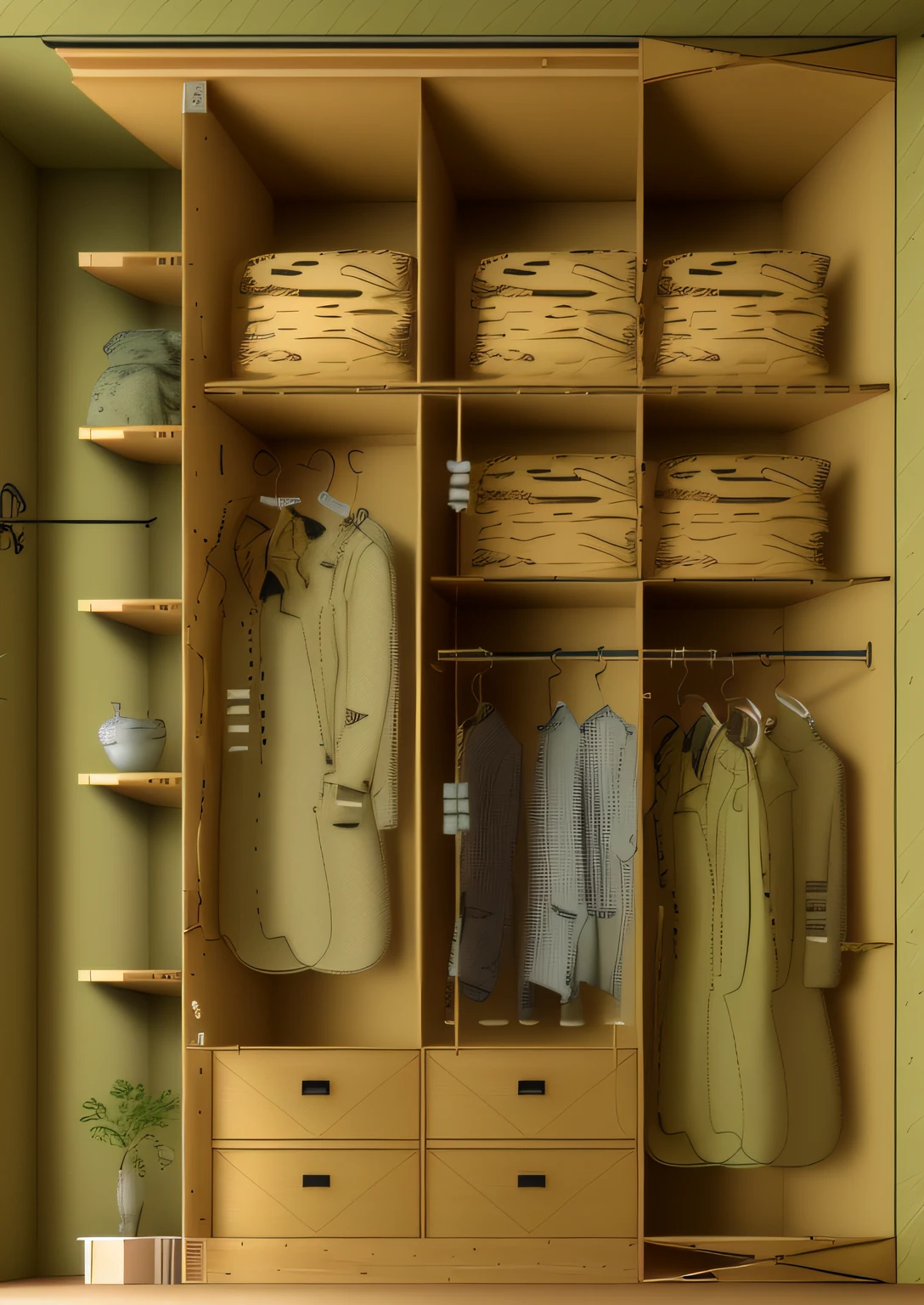 Wardrobe from floor to roof,The internal structure of the wardrobe is as shown in the picture;The wardrobe material is pine,The color is pine