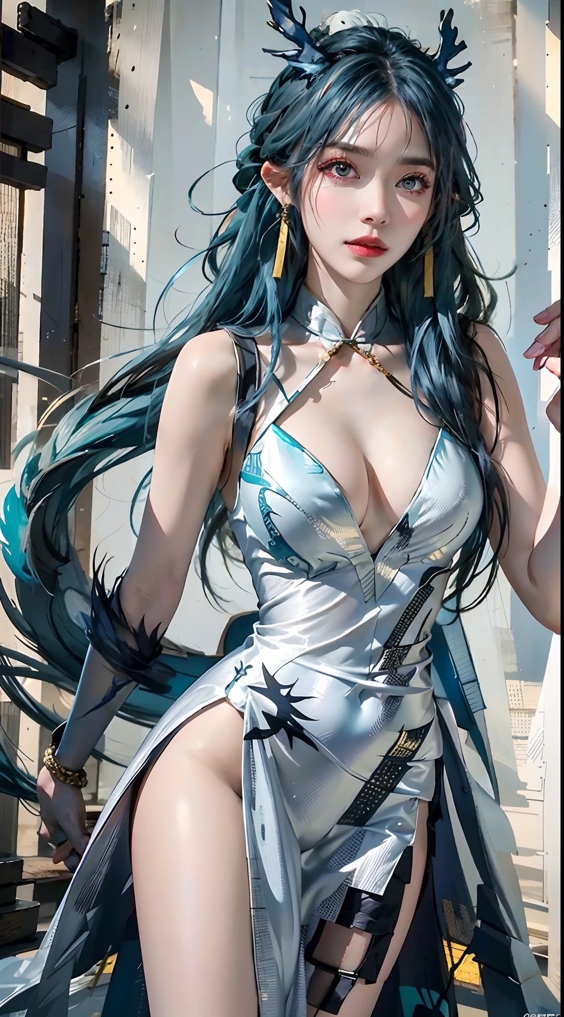 photorealistic, high resolution, 1women, mature female, solo, hips up, china dress, tail, white dress, jewelry, OriginalOutfit, Ling Shorts, tassel earrings, blue hair, braided hair