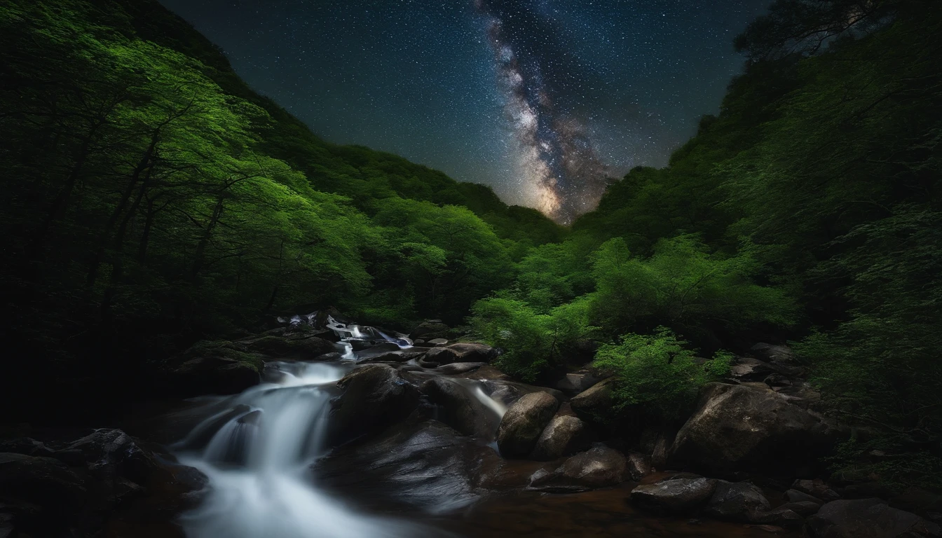 There is a stream flowing in the forest.、Looking up and the tree々You can see the starry sky from between。Quite dark。