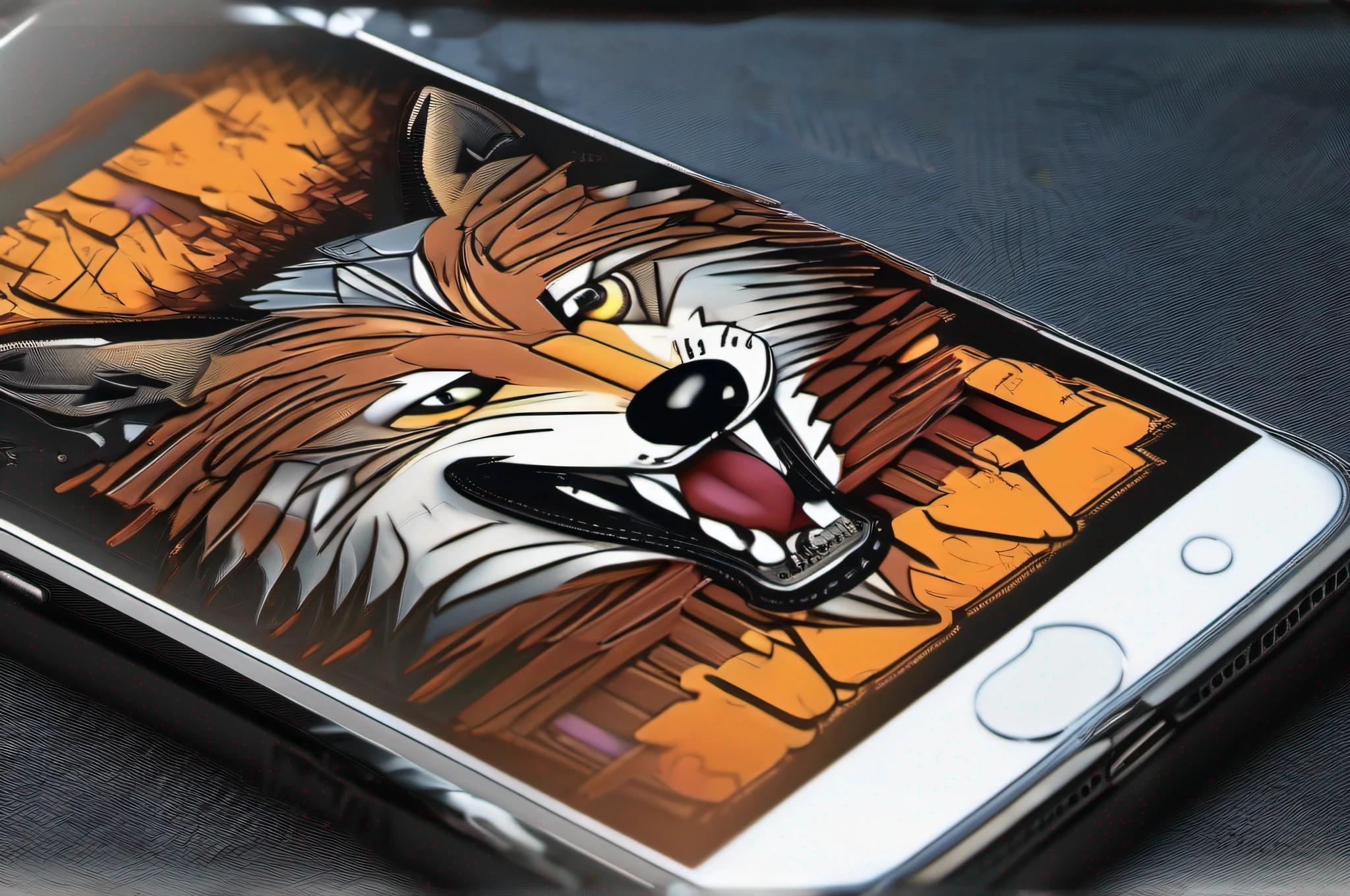 3d graffiti, infographic wolf, black metal smartphone of back print design, insane details, intricate detailed texture, perfection, photo realistic, holographic rendering, absurd resolution,