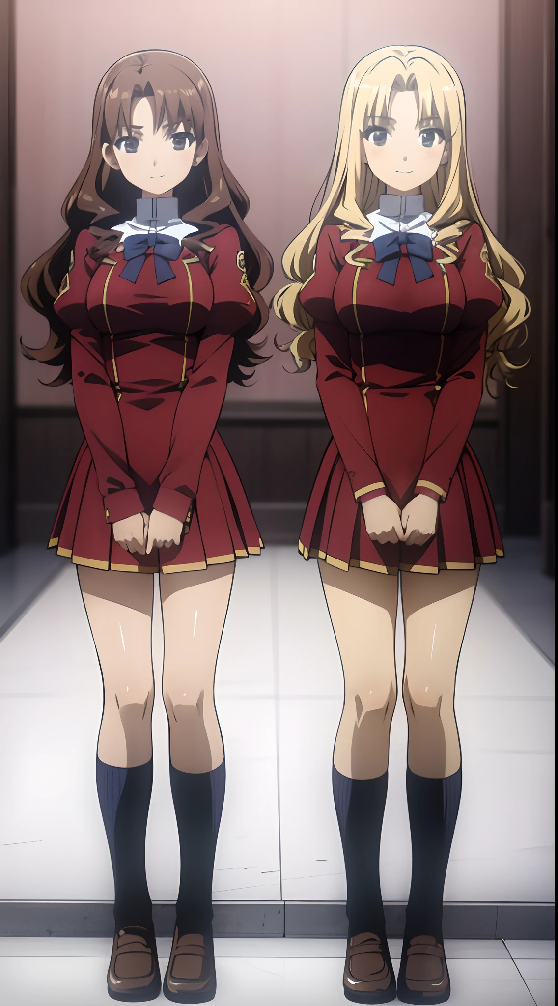 Masterpiece, high quality, 2girls, duo, twins, blonde hair, brown hair, curly hair, (one brown haired sister, one blonde sister, two sisters, matching hairstyles, different hair colors), hazel eyes, medium sized bust, ((matching outfits, school uniforms)), smile, flat_color, same height, duo pose, backs against each other, sister picture