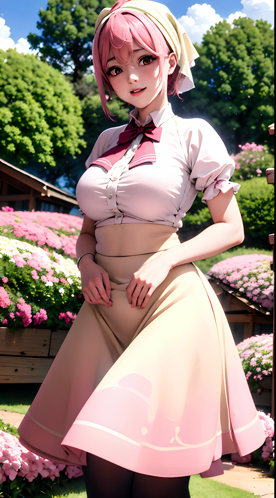 aruraru medium breasts, pink hair, ahoge, (head scarf:1.2), white shirt, (red bow), (cream skirt), (strap skirt), kneehigh skirt, beautiful face, pink eyes, smile, black pantyhose, outdoors, field, (complex background, many elements in the background:1.3),((super detailed background)), dynamic pose, ((8k wallpaper)), (masterpiece:1.2), best quality, absurdres, highres, extremely detailed wallpaper, perfect lighting,8k,HD, cowboy shot,