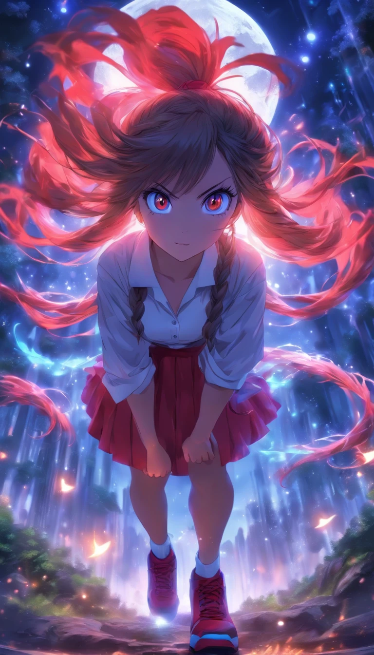1girll, Solo，White shirt, Red skirt, Socks, dual horsetail，Beautiful outdoor background, night moon, forest，The hair is meticulously depicted，The eyes are meticulously depicted， highly detailed surreal vfx，oc rendered，