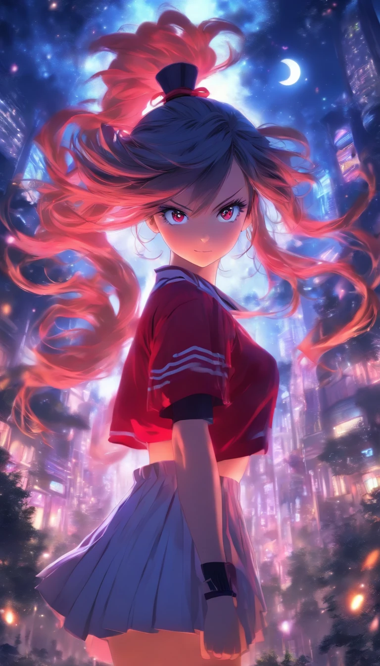 1girll, Solo,White shirt, Red skirt, Socks, dual horsetail,Beautiful outdoor background, night moon, forest,The hair is meticulously depicted,The eyes are meticulously depicted, highly detailed surreal vfx,oc rendered,