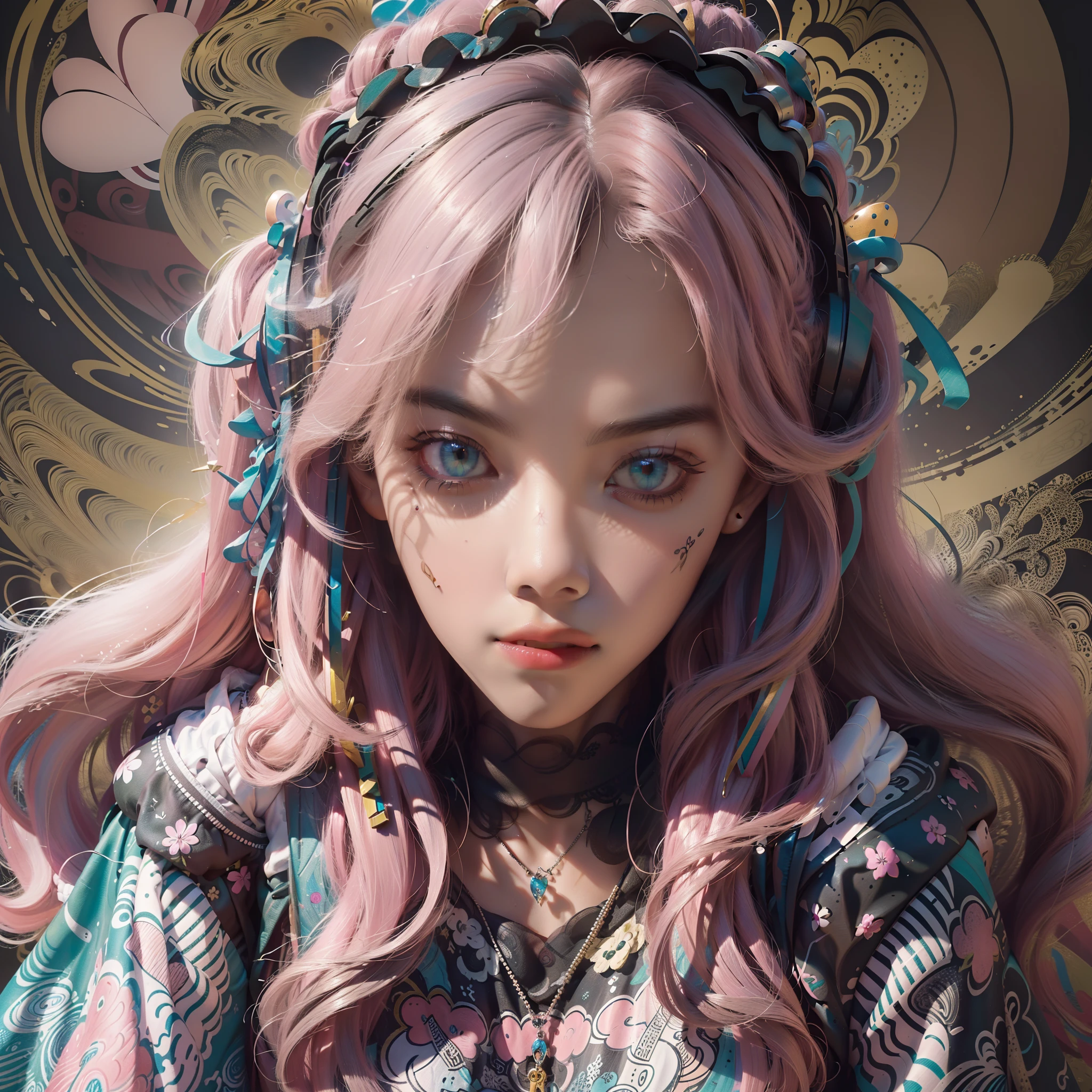 ((Masterpiece:1.2, Best quality)), Ultra detailed, Ultra-precise depiction, Ultra-detailed depiction, (zentangle:1.2), (Dynamic pose), (abstract backgrounds:1.5), wavy and long hair, Pink hair, 1girll, Colorful, Portrait, (From above:1.2)