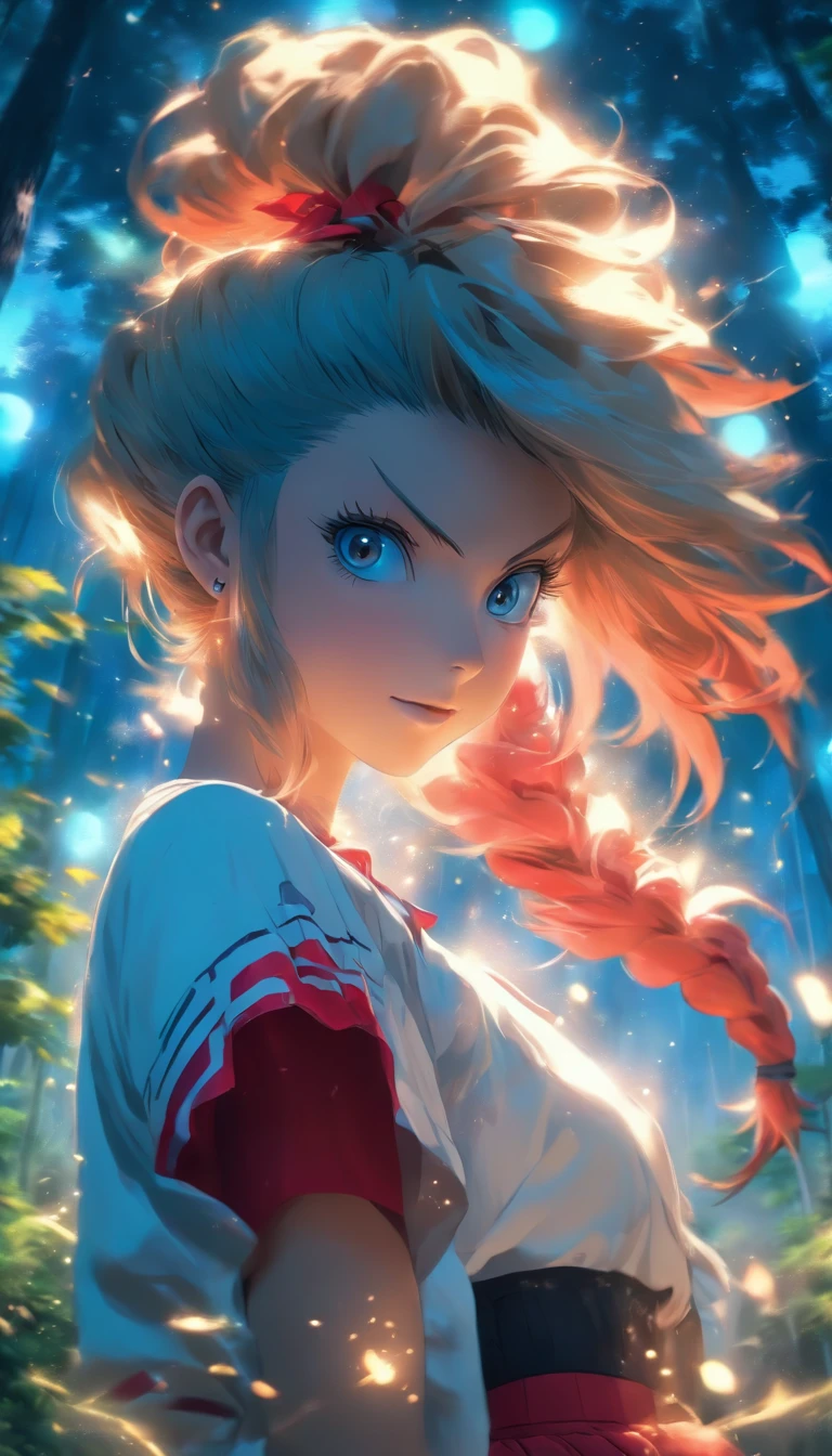 1girll, Solo，White shirt, Red skirt, Socks, dual horsetail，Beautiful outdoor background, night moon, forest，The hair is meticulously depicted，The eyes are meticulously depicted， highly detailed surreal vfx，oc rendered，