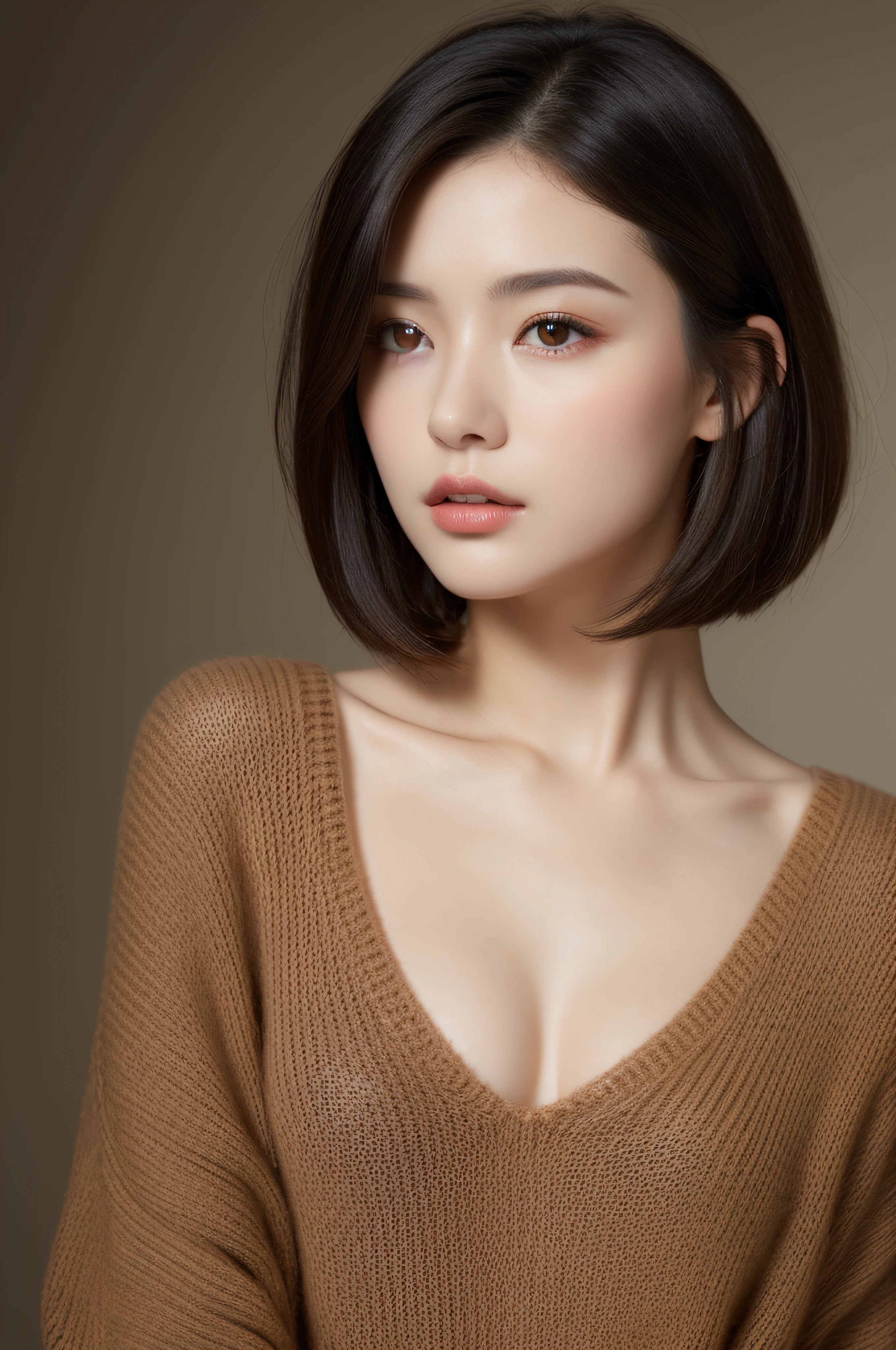 masuter piece:1.3)、(8K、Photorealsitic、Raw photography、top-quality: 1.4)、(1girl in)、Very beautiful face、(Very realistic face)、(A dark-haired、short-hair:1.3)、Very beautiful hairstyle、Very realistic eyes、Very beautiful details、（Very realistic skin）、Very beautiful skin、（Sweaters）、absurderes、Very attractive、超A high resolution、A hyper-realistic、high-detail、the golden ratio.