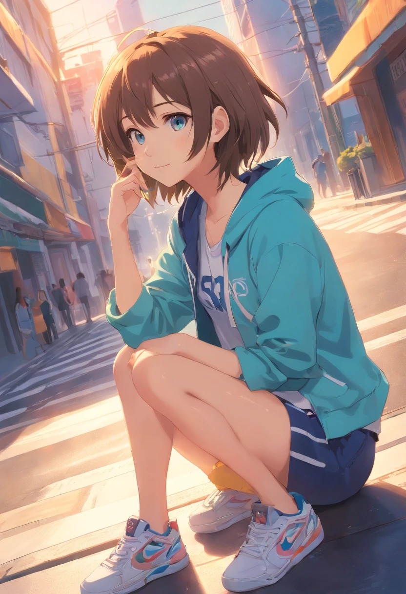 Real Photographics,Hyper-realistic,Ultra photo realsisim,super-fine,Genki girl,adolable,Close your eyes,ssmile,long whitr hair,Qi bangs,denim pant,athletic sneakers,rays of sunshine,The hair is meticulously depicted,The eyes are meticulously depicted, highly detailed surreal vfx,oc rendered,