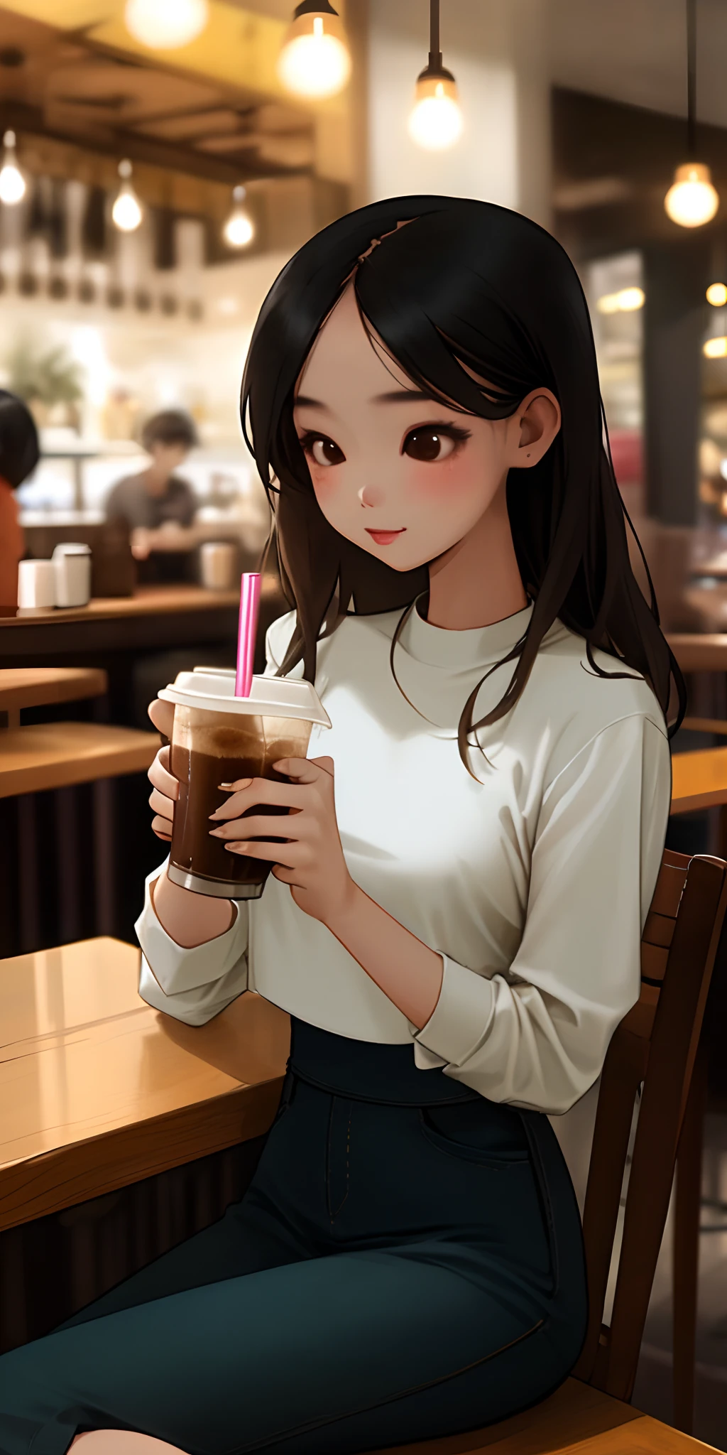 Thai girl wearing a cropped shirt sits and drinks coffee in a cafe.