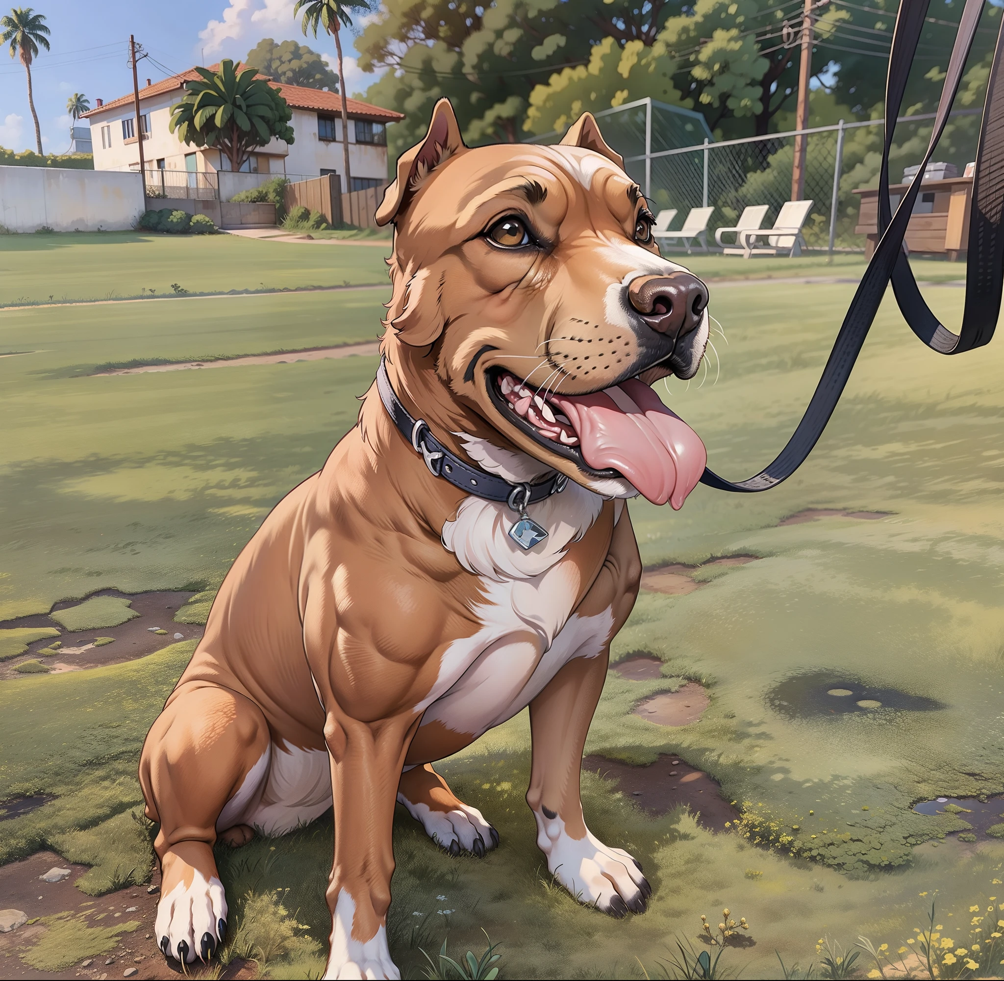 There is a dog that is sitting on the grass with a leash, ela tem cerca de 1 6 anos de idade, pits, orgulhoso olhando para longe, taken in the early 2020s, looking away from camera, um bonito, olhar orgulhoso, looking defiantly at the camera, macho emagrecido, ele tem cerca de 2 5 anos de idade