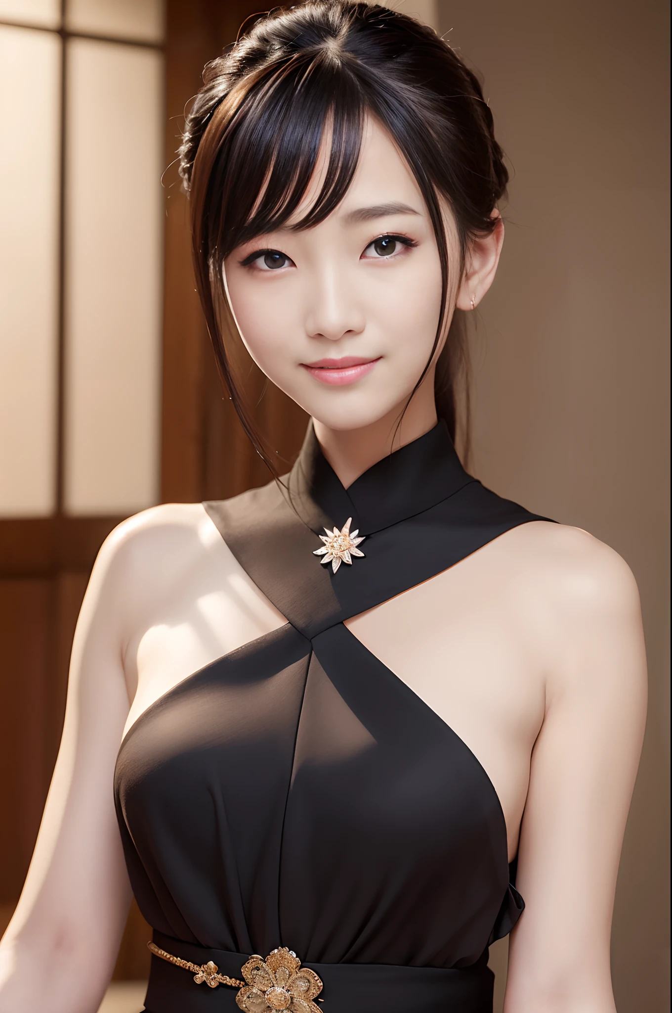 8k、top-quality、​masterpiece、extremely delicate and beautiful、extremely details CG、Unity、wall-paper、(realisitic、Photorealsitic:1.37)、a smile、finely detail、Active、Japanese dress、A dark-haired、black eyes