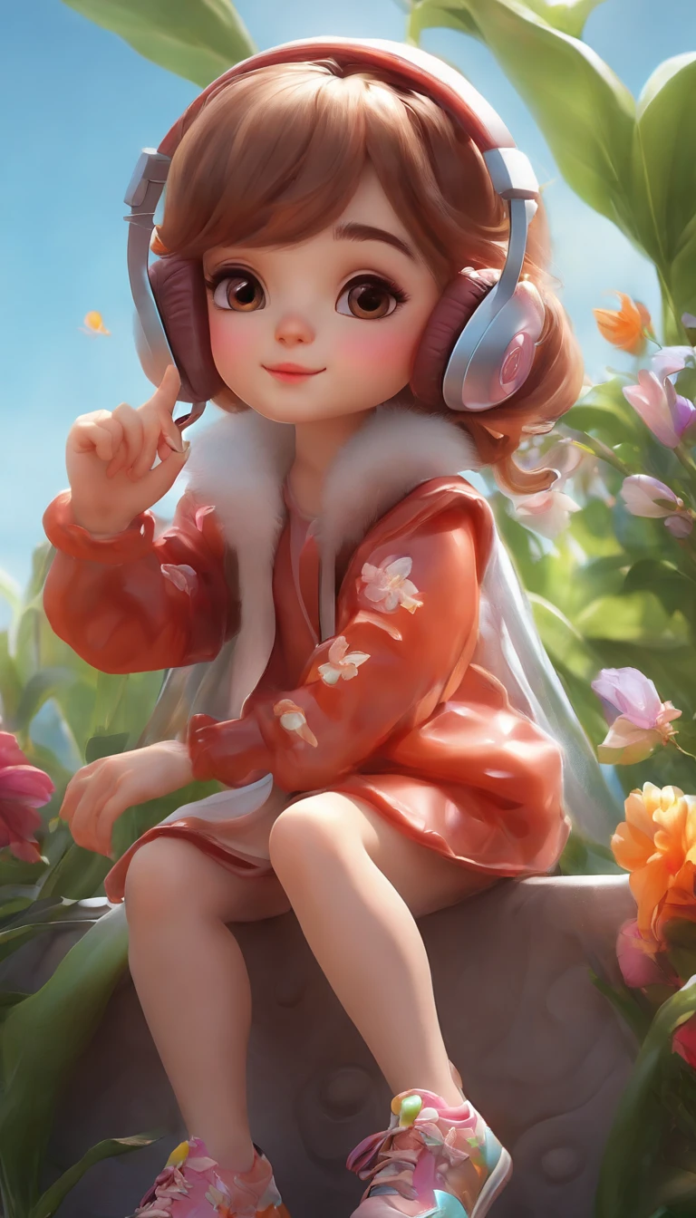 it's spring,a super cute IP sitting on a huge flower as if dreaming,smile,a smile girl throwing a punch towards you, in style of comic realism, bright colors, strong emotions,sunny day, chibi, 3D, natural lighting, full body portralt,8kbest quality, super detail, super detail, Ultra HD,in the style of realistic hyper-detailed portraits, light red and azure, orientalist, fairycore, emphasis on detail, blink-and-you-miss-it detail, dark amber and white,cute cool girl, fluorescent translucent and inflatable zip up hoodie, oversize, long legs, exaggerated expressions and actions, dimond gloss metallic texture, feather boa, very big and futuristic shoes, wearing a headset microphone, in realistic hyper detailed render style, chibi, zbrush, mother of pearl iridescence, bright light, c4d, bubble mart, blender, cyberpunk,