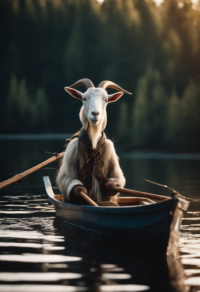 a humanoid goat, fishing in a boat, having fun, cartoon network style