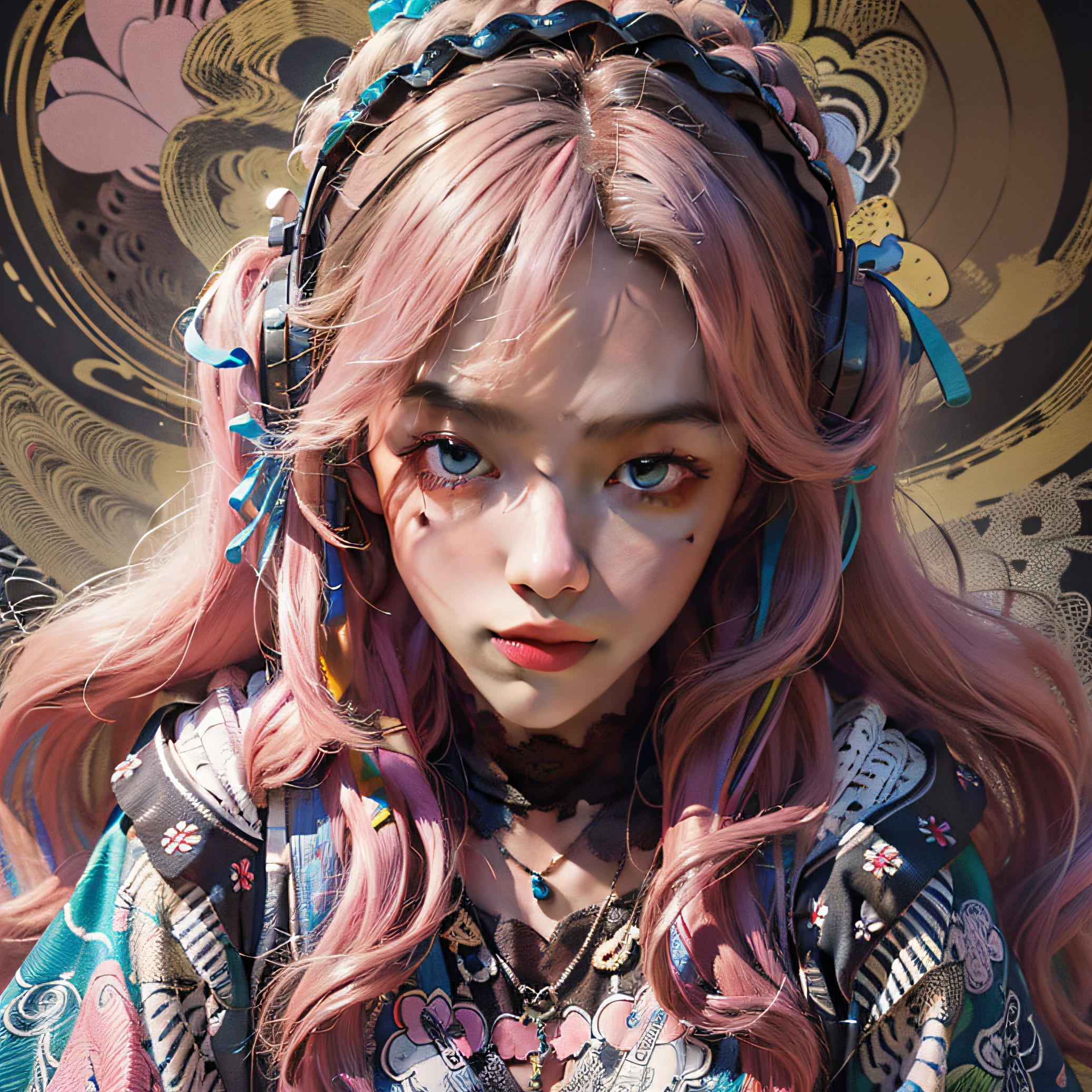 ((Masterpiece:1.2, Best quality)), Ultra detailed, Ultra-precise depiction, Ultra-detailed depiction, (zentangle:1.2), (Dynamic pose), (abstract backgrounds:1.5), wavy and long hair, Pink hair, 1girll, Colorful, Portrait, (From above:1.2)