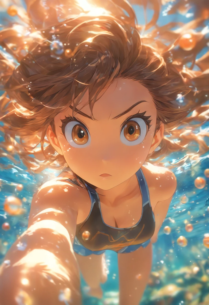 foreshortening, depth of field, masterpiece, best quality, 1girl, brown hair, brown eyes, long hair, underwater, air bubble, solo, looking at viewer, school swimsuit, swimming, dappled sunlight,