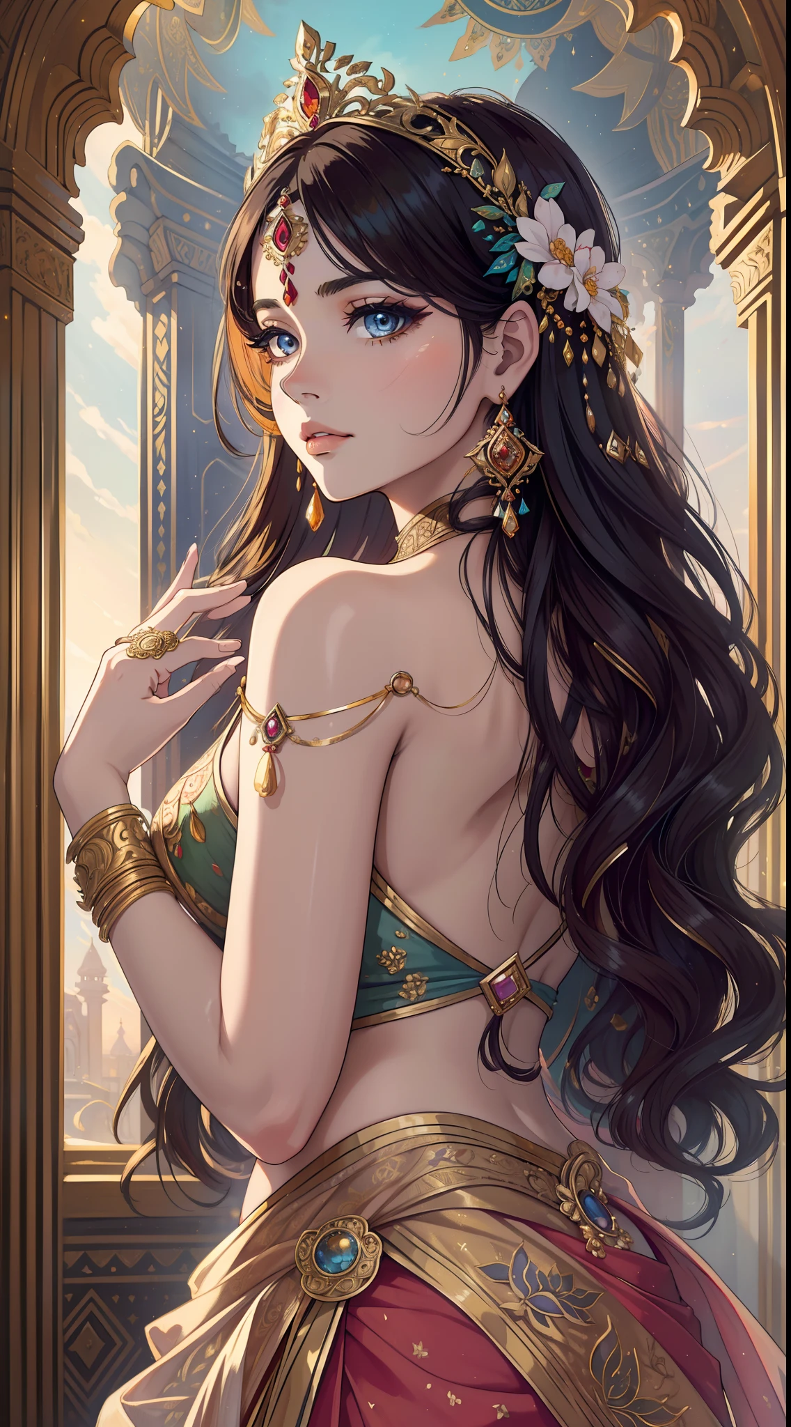 (best quality,highres,realistic:1.37)india's most beautiful lady,digital art wonders,princesscore,realistic historical fiction,charming detailed eyes and lips,fierce expression,historical attire,richly embroidered clothing,gold jewelry,dark wavy hair cascading down her back,flowing colorful silk saree,ornate palace in the background,historical architecture,detailed hand gestures,light amber candlelight,soft shadows and highlights,delicate facial features,meticulous attention to detail,subtle nuances of emotion,depth and richness in colors,expressive eyes that convey a sense of longing and strength,royal elegance and regal pose,graceful and confident stance,traditional henna patterns on her hands and feet,dusky complexion that glows in the warm light,realism with a touch of fantasy,impressive artistry,digital brushstrokes,soft and dreamlike ambiance,ethereal beauty,rich cultural heritage,indian art and folklore blended with contemporary digital techniques,masterpiece painting,pristine skin complexion,gorgeous traditional makeup,ornamental hair accessories,vibrant colors with a touch of darkness,dark white and light amber color palette,evocative and captivating art that tells a story,attention to historical accuracy while adding a touch of imagination,detailed background with architectural elements and intricate designs,deep emotional connection with the viewer.