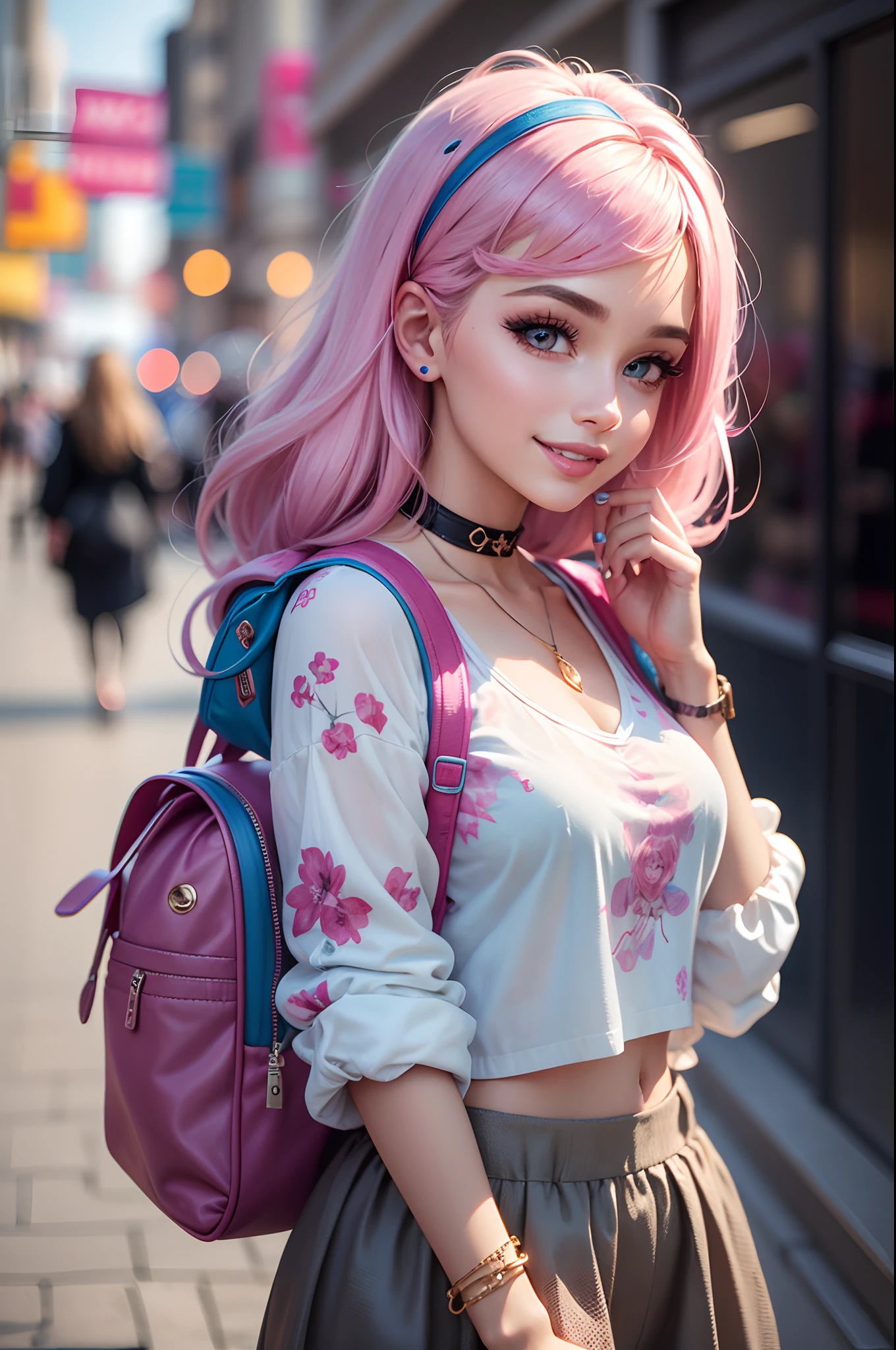 digital illustation, uma jovem mulher feliz, com cabelos loiros, estilo barbie, com mochila e mala de viagem, roupa rosa,fashion, olhos azuis claros, sorridente, corpo inteiro. estilo barbie, detalhes em roupas. beleza angelical.