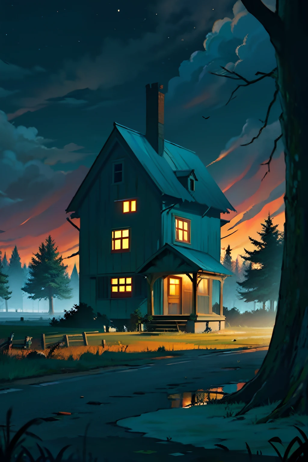 A painting of an abandoned, broken down house, destroyed by tornado, autumn trees, dark evening light, eerie dark sky.