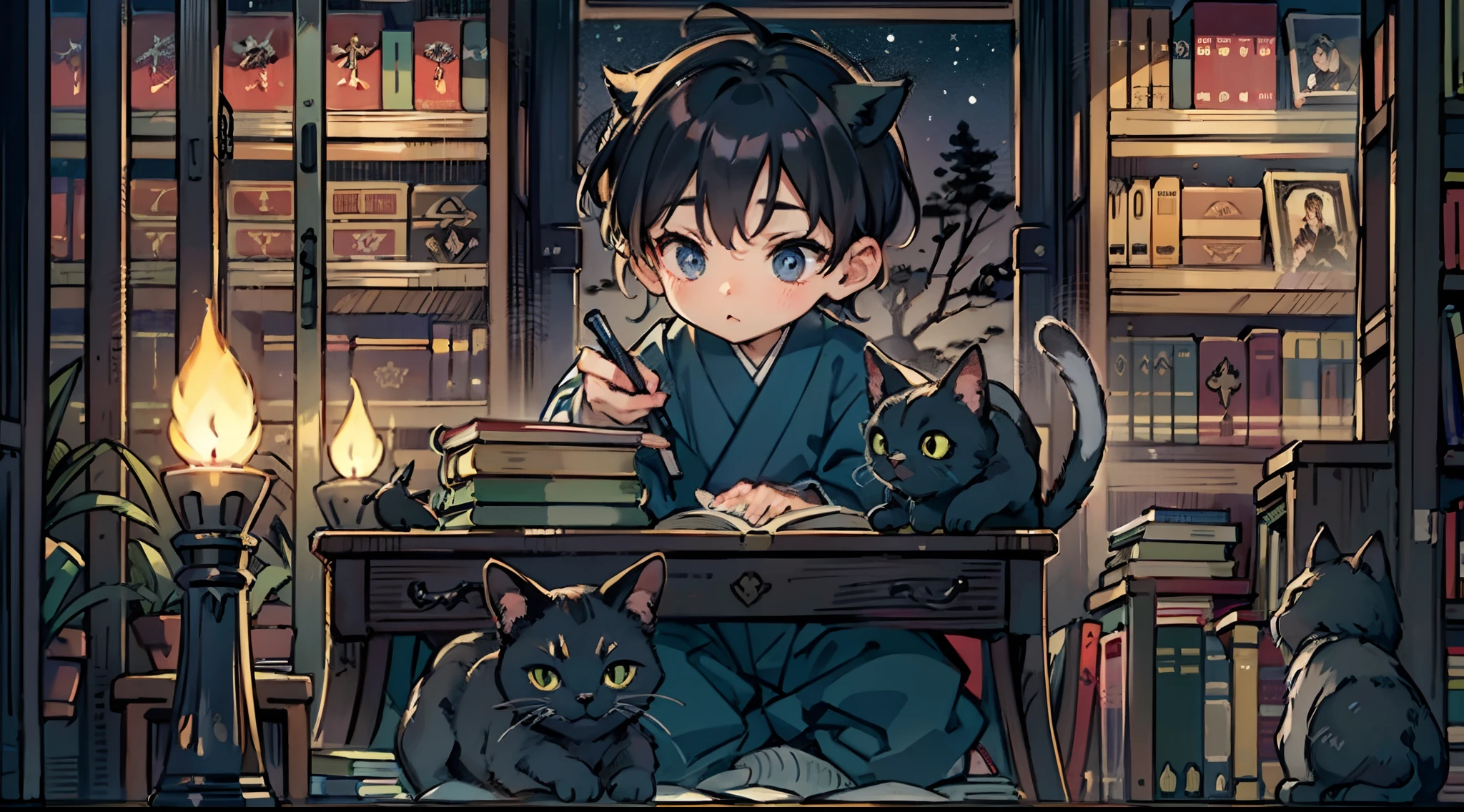 #Quality (intricate-detail、ultra-detailliert:1.2,cinematic shot),
#night landscape (navy blue night sky),
#one writing boy (16 male、writer,Honor Students、A dark-haired、short-hair、hakama,sit flat),
#dark room (only one candle,books on desk,pretty tatami,a lot of books,bookshelf,black cat)