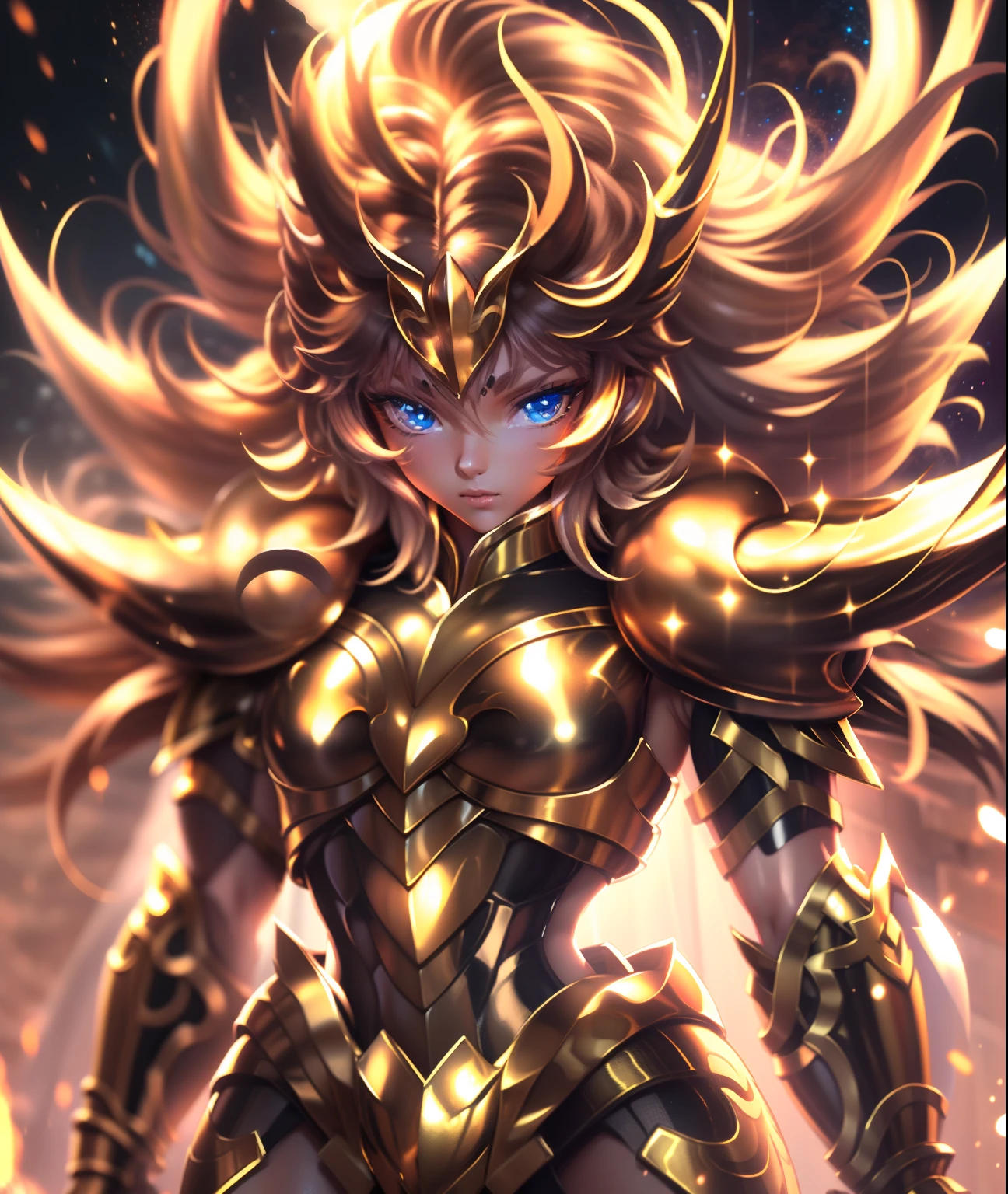 Ultra-high saturation，（tmasterpiece）， fully body photo，（best qualtiy）， （1girll）， starryskybackground，Wearing shiny gold armor， Sexy lingerie type armor，Expose your chest，Expose the waistline，Exposing thighs，cool-pose， Saint Seiya Armor， messy  hair，high detal, Anime style, Cinematic lighting, Sparkle, god light, Ray traching, filmgrain, hyper HD, textureskin, super detailing, Anatomical correct, A high resolution，Ultra-high saturation，hight contrast，High-gloss armor，Smooth skin，Serious expressions