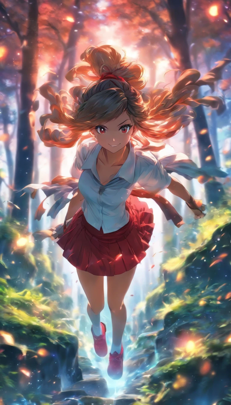 1girll, Solo,ssmile,White shirt, Red skirt, Socks, dual horsetail,Beautiful outdoor background, night moon, forest,The hair is meticulously depicted,The eyes are meticulously depicted, highly detailed surreal vfx,oc rendered,