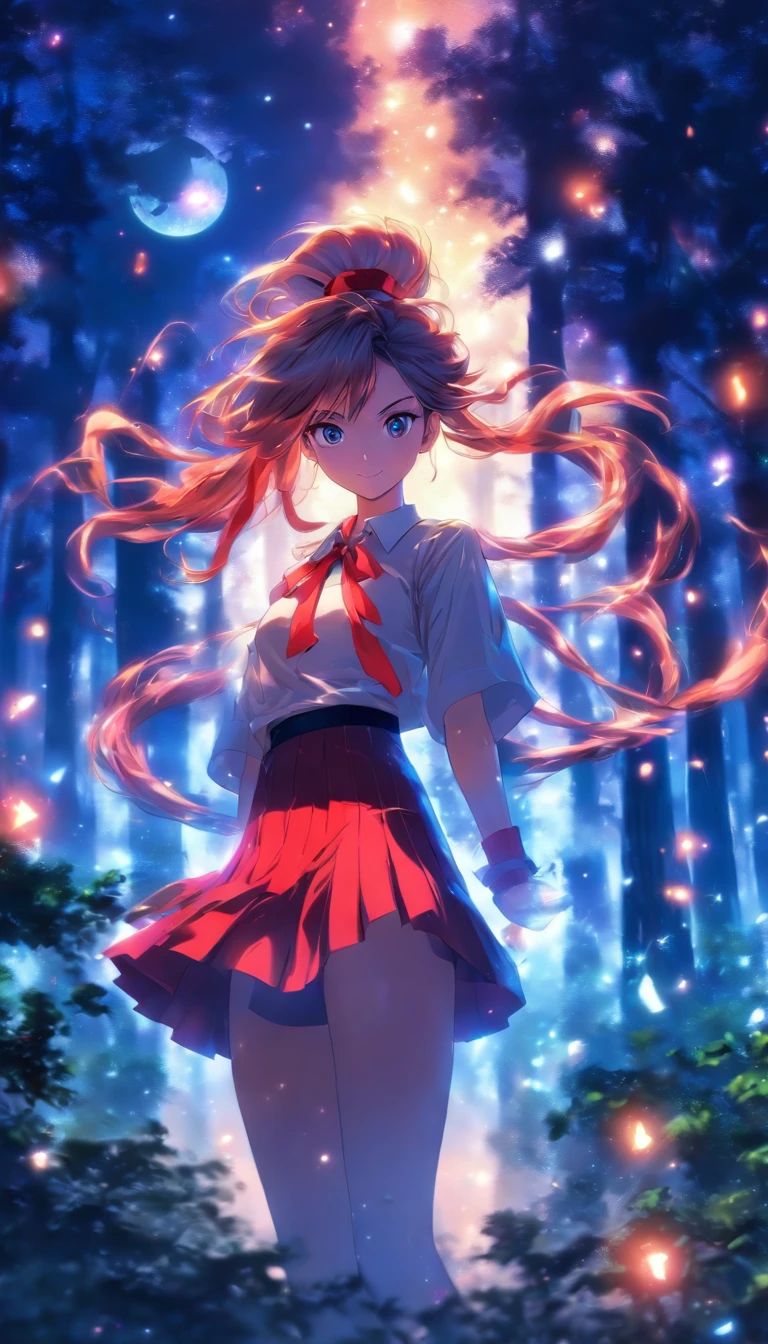 1girll, Solo，ssmile，White shirt, Red skirt, Socks, dual horsetail，Beautiful outdoor background, night moon, forest，The hair is meticulously depicted，The eyes are meticulously depicted， highly detailed surreal vfx，oc rendered，