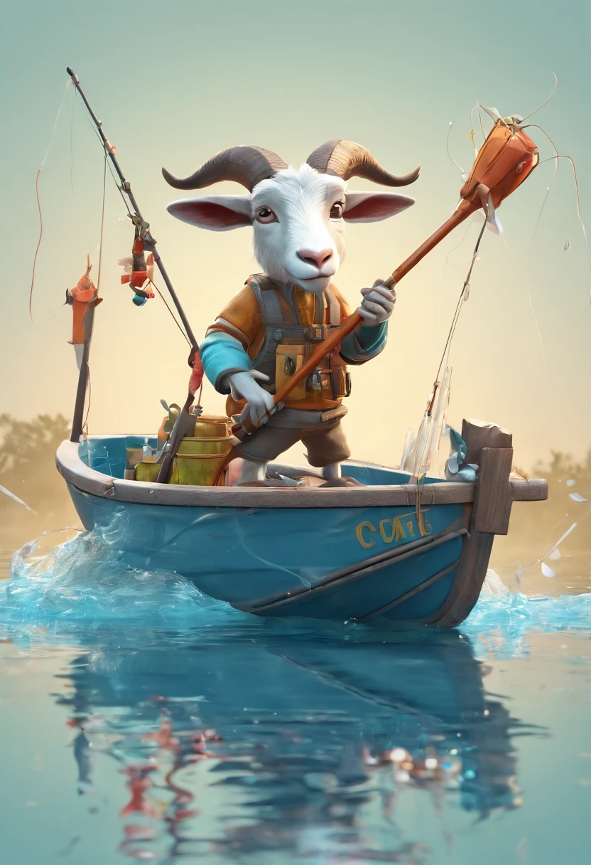 a humanoid goat, fishing in a boat, having fun, cartoon style, promotional art, very stylized character design, line art