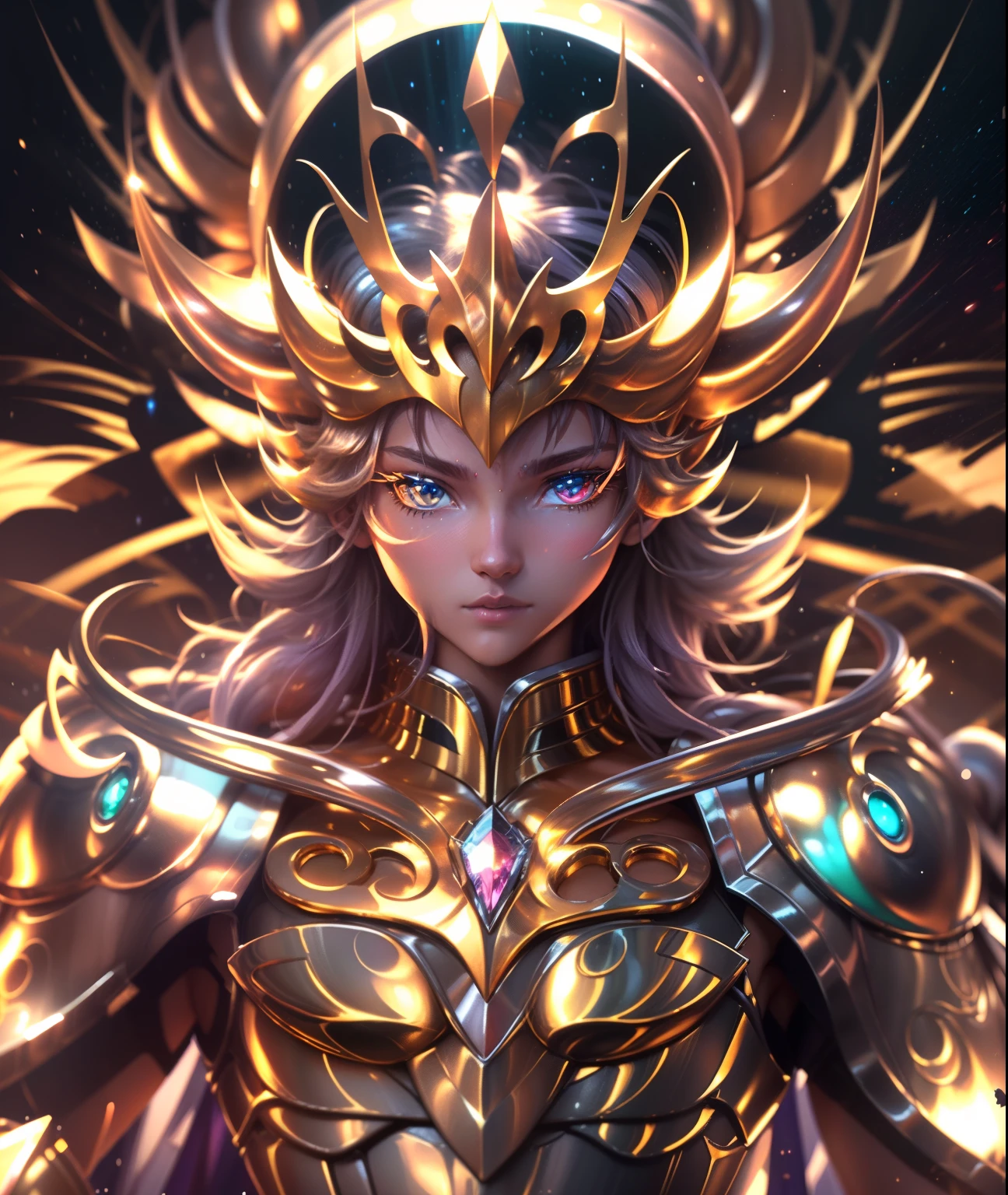 Ultra-high saturation，（tmasterpiece）， fully body photo，（best qualtiy）， （1girll）， starryskybackground，Wearing shiny gold armor， Sexy lingerie type armor，Expose your chest，Expose the waistline，Exposing thighs，cool-pose， Saint Seiya Armor， messy  hair，high detal, Anime style, Cinematic lighting, Sparkle, god light, Ray traching, filmgrain, hyper HD, textureskin, super detailing, Anatomical correct, A high resolution，Ultra-high saturation，hight contrast，High-gloss armor，Smooth skin，Serious expressions