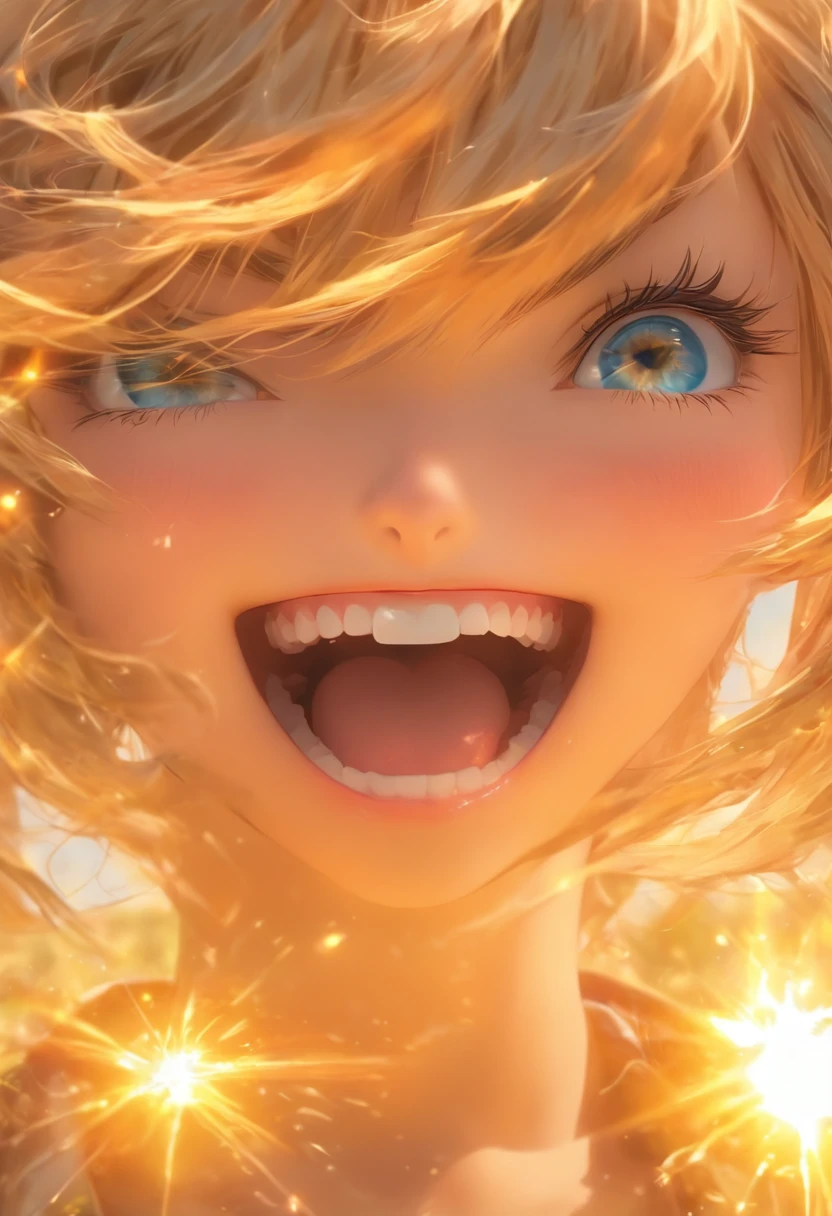 Real Photographics，Hyper-realistic，Ultra photo realsisim，super-fine，Genki girl，adolable，Close your eyes，ssmile，long whitr hair，Qi bangs，denim pant，athletic sneakers，rays of sunshine，The hair is meticulously depicted，The eyes are meticulously depicted， highly detailed surreal vfx，oc rendered，